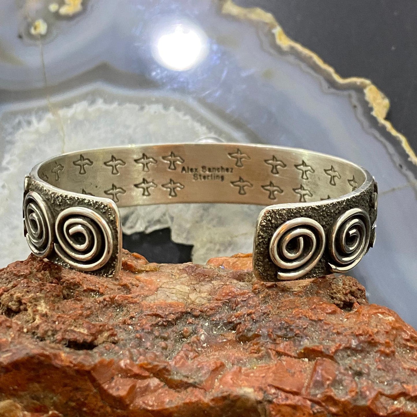 Alex Sanchez Native American Sterling Silver Turquoise Petroglyph Bracelet #2