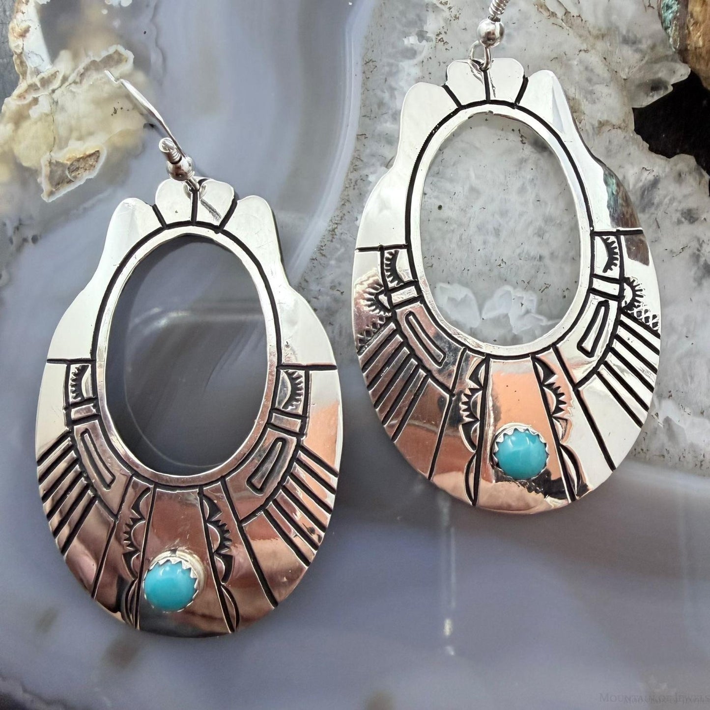 Tommy & Rosita Singer Sterling Silver Dot Turquoise Engraved Dangle Earrings For Women