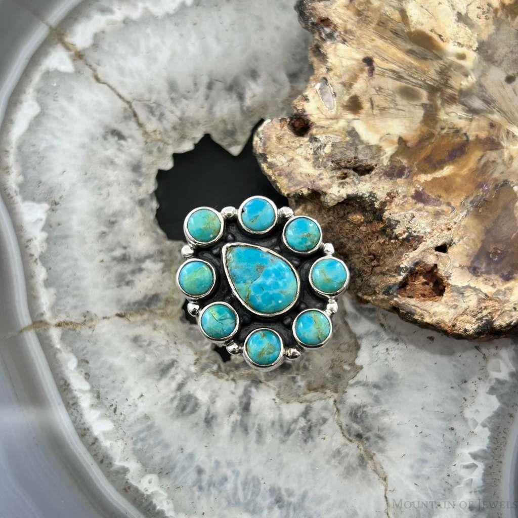Sterling Silver Southwestern Style Mohave Turquoise Cluster Ring Size 8 For Women