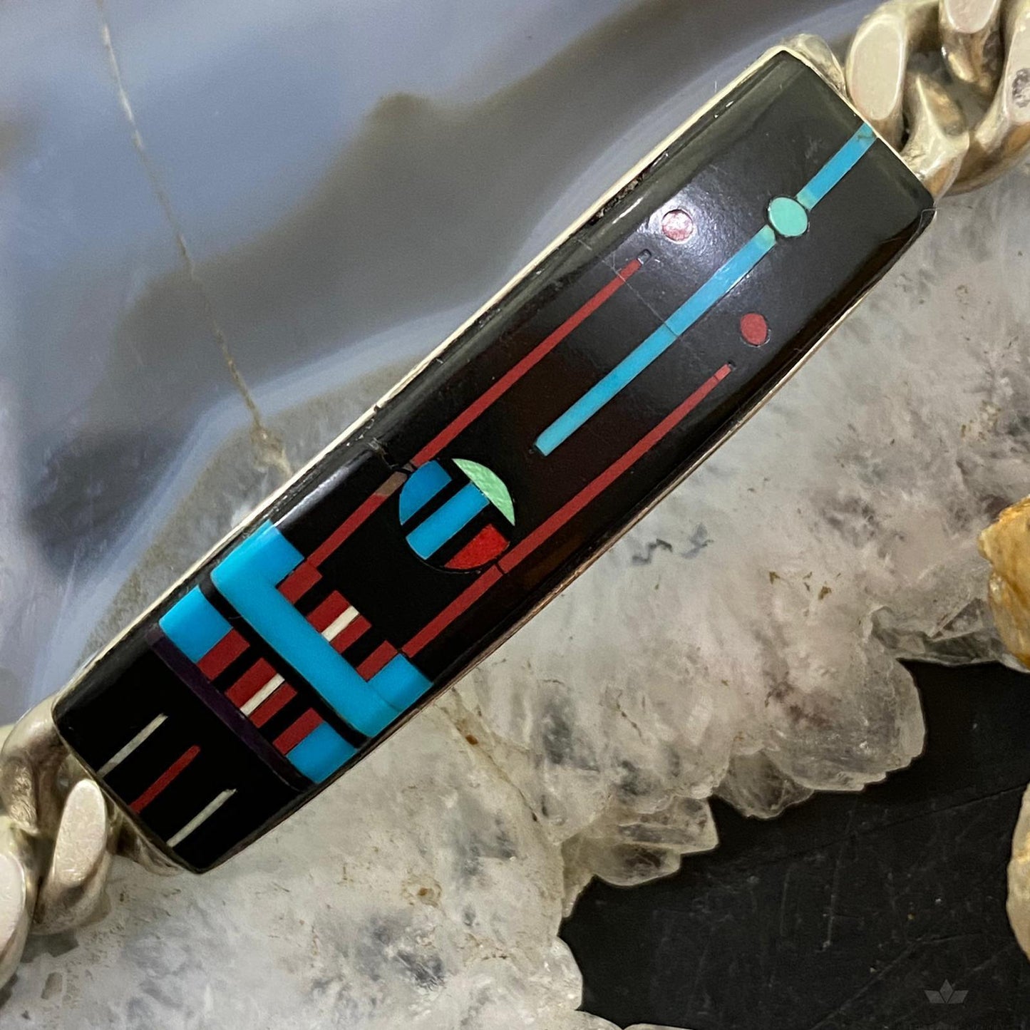 Signed Vintage Native American Silver Multi Stone Inlay Tennis Bracelet For Men