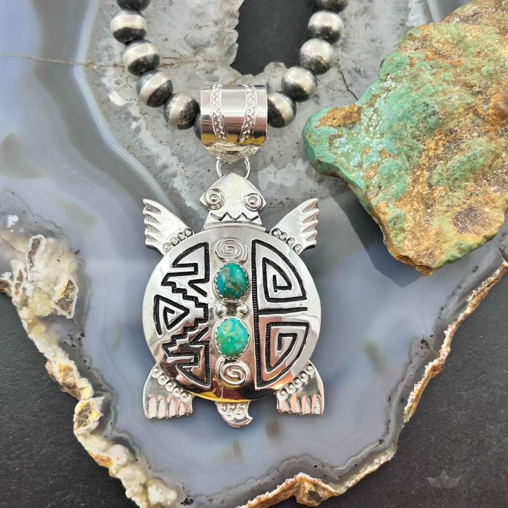 Alonzo Mariano Sterling Silver Overlay Turtle & 2 Turquoise Unisex Pendant