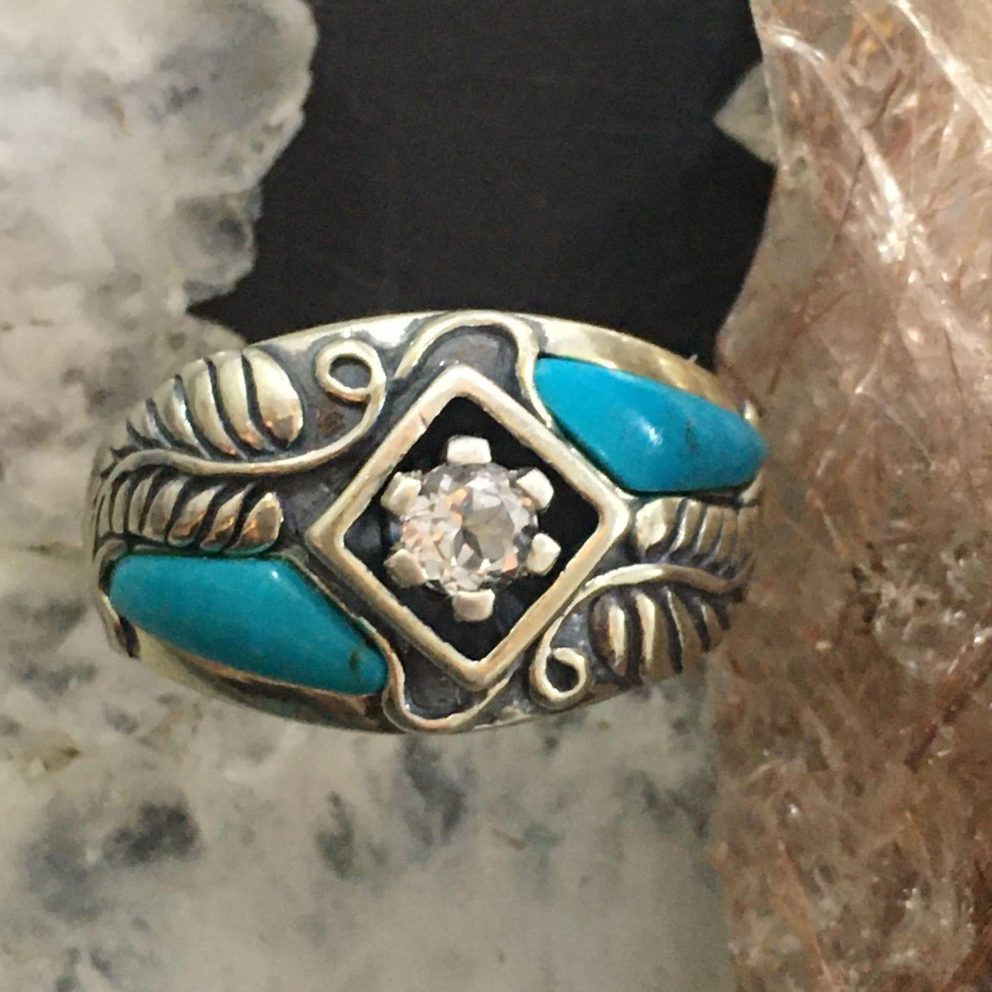 Carolyn Pollack Southwestern Style Sterling Silver Turquoise & White Topaz Decorated Ring