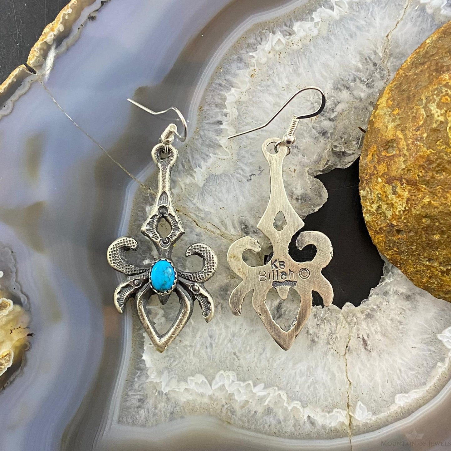 Kevin Billah Sterling Silver Stamped Sand Cast w/Kingman Turquoise Dangle Earrings