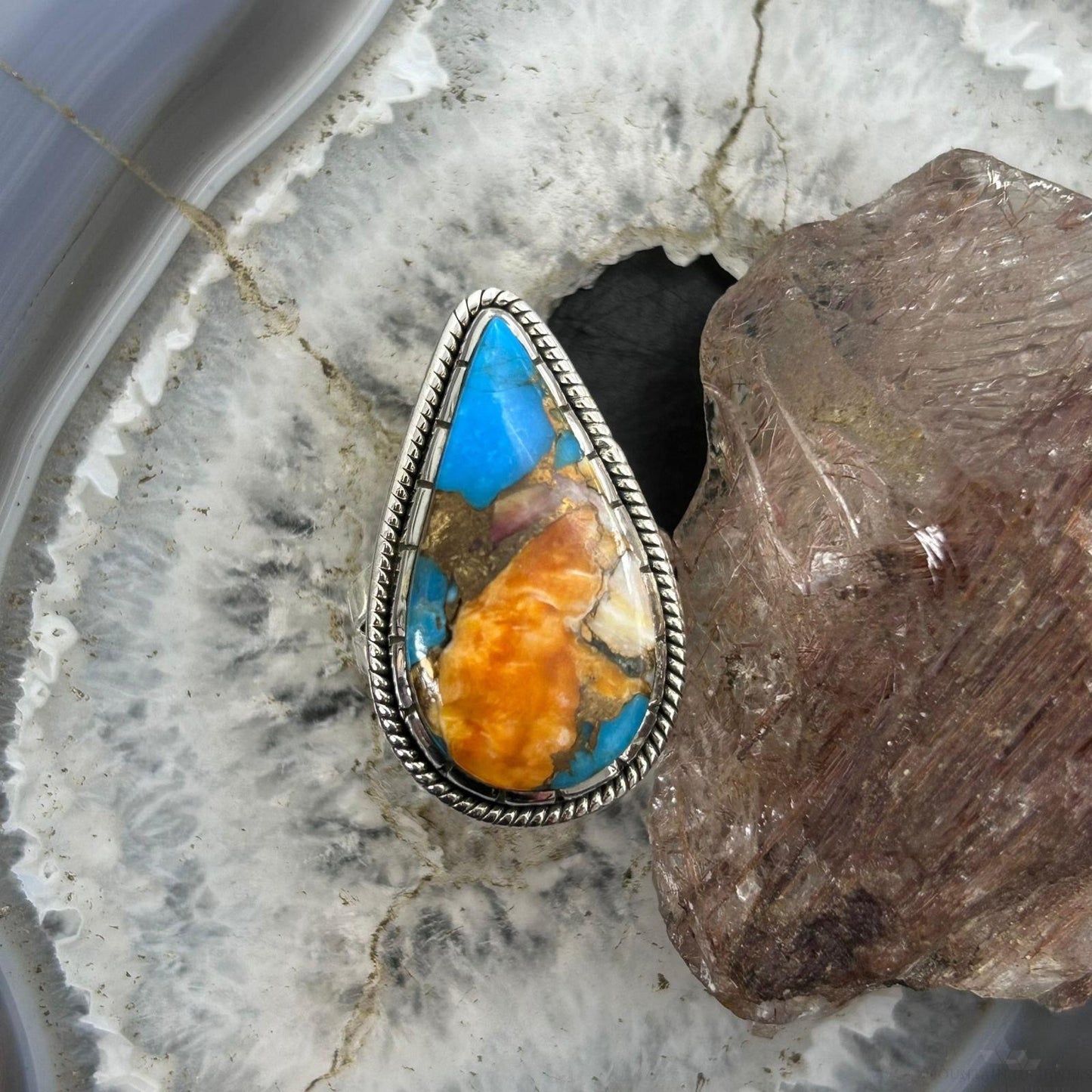 Sterling Silver Southwestern Style Teardrop Turquoise Spiny Oyster Ring Size 10 For Women