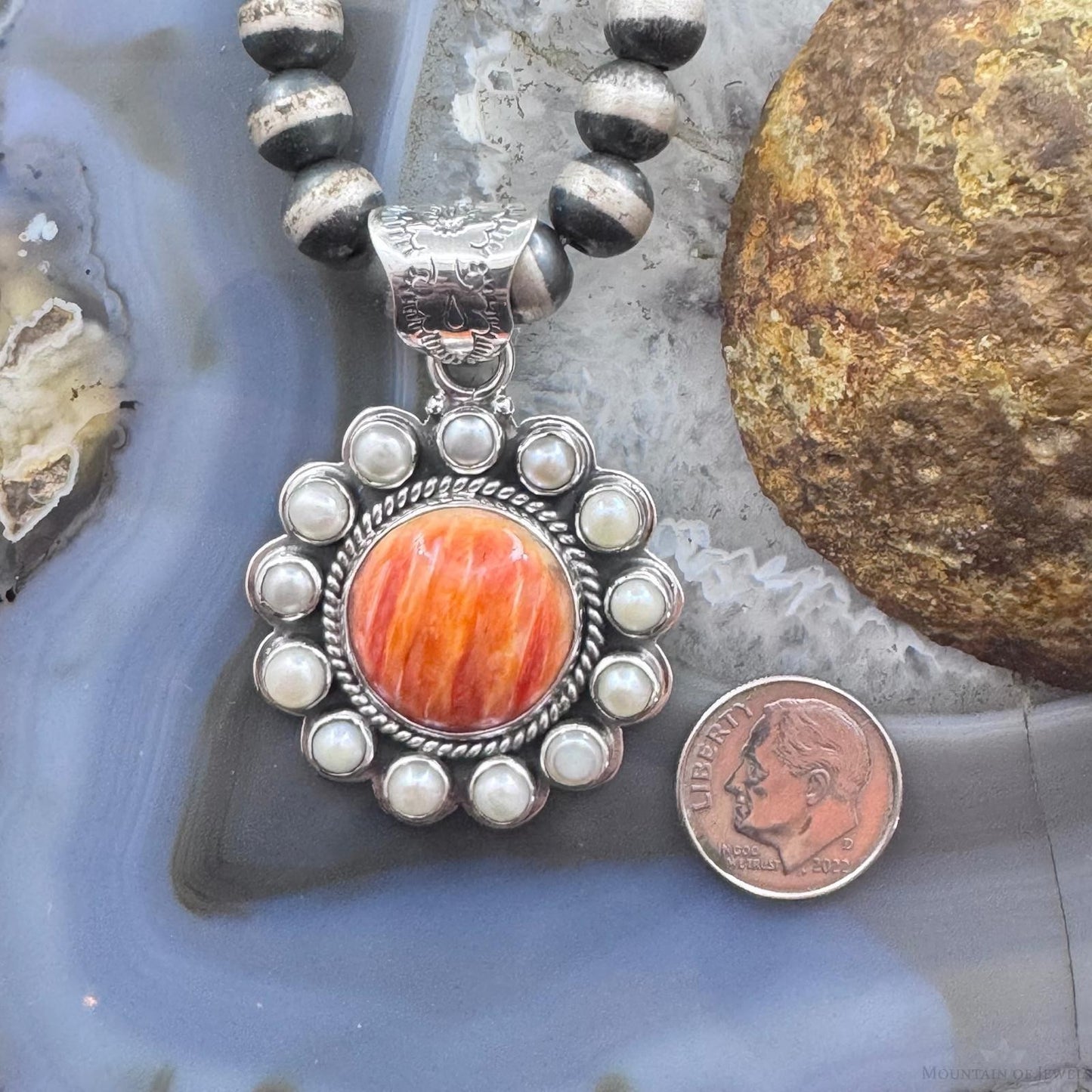 Native American Sterling Silver Spiny Oyster w/Pearls Cluster Pendant For Women