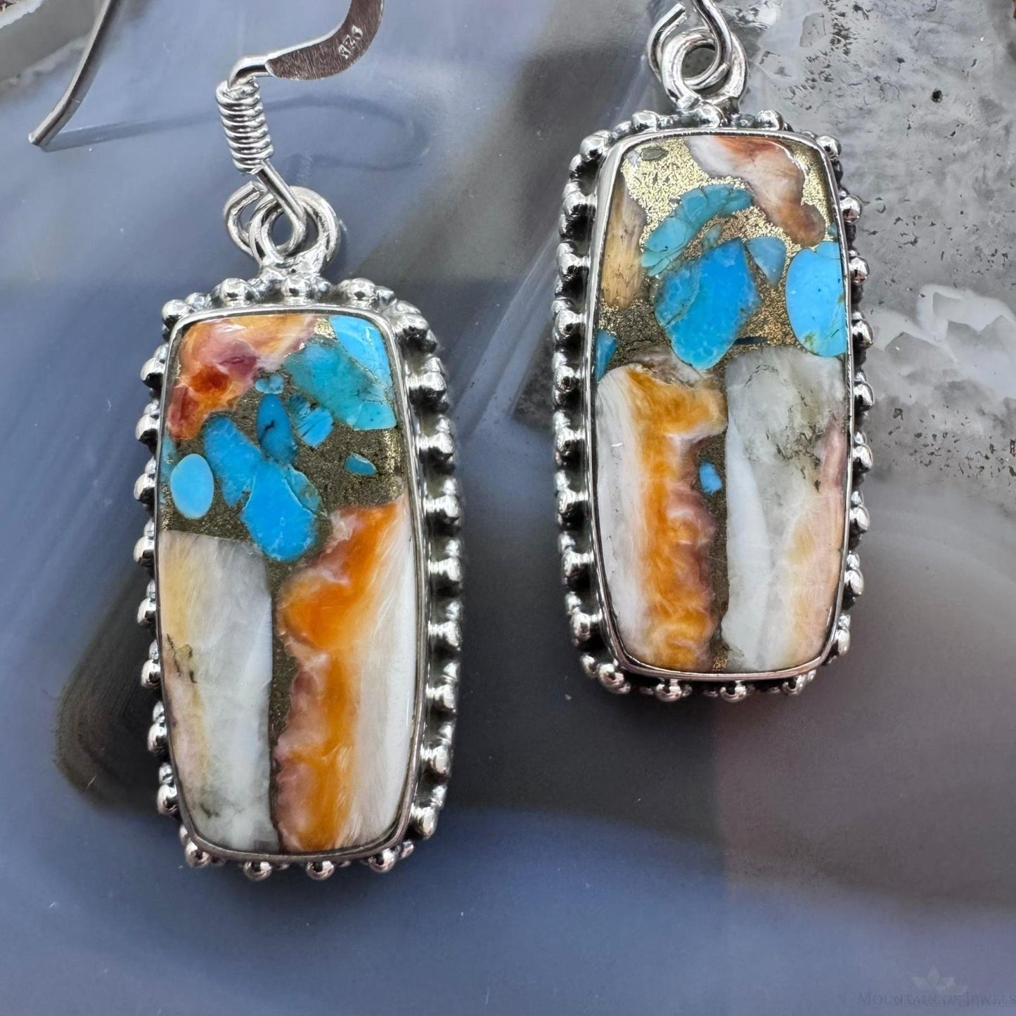 Sterling Silver Southwestern Style Rectangle Spiny & Turquoise Dangle Earrings For Women