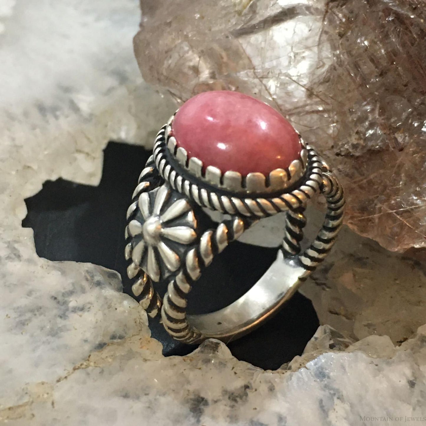 Carolyn Pollack Vintage Southwestern Style Sterling Silver Oval Rhodonite Decorated Ring For Women