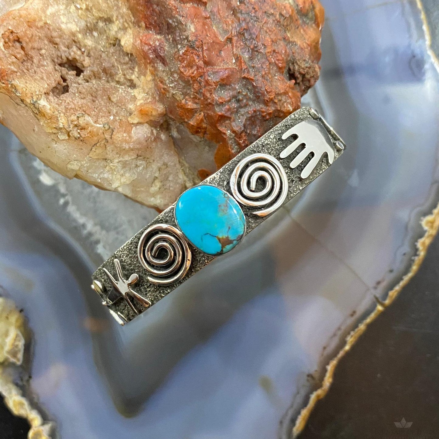 Alex Sanchez Native American Sterling Silver Turquoise Petroglyph Bracelet #2