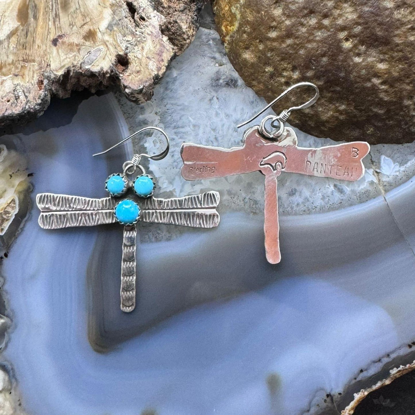 Brad Panteah Sterling Silver Dragonfly w/3 Turquoise Dangle Earrings For Women