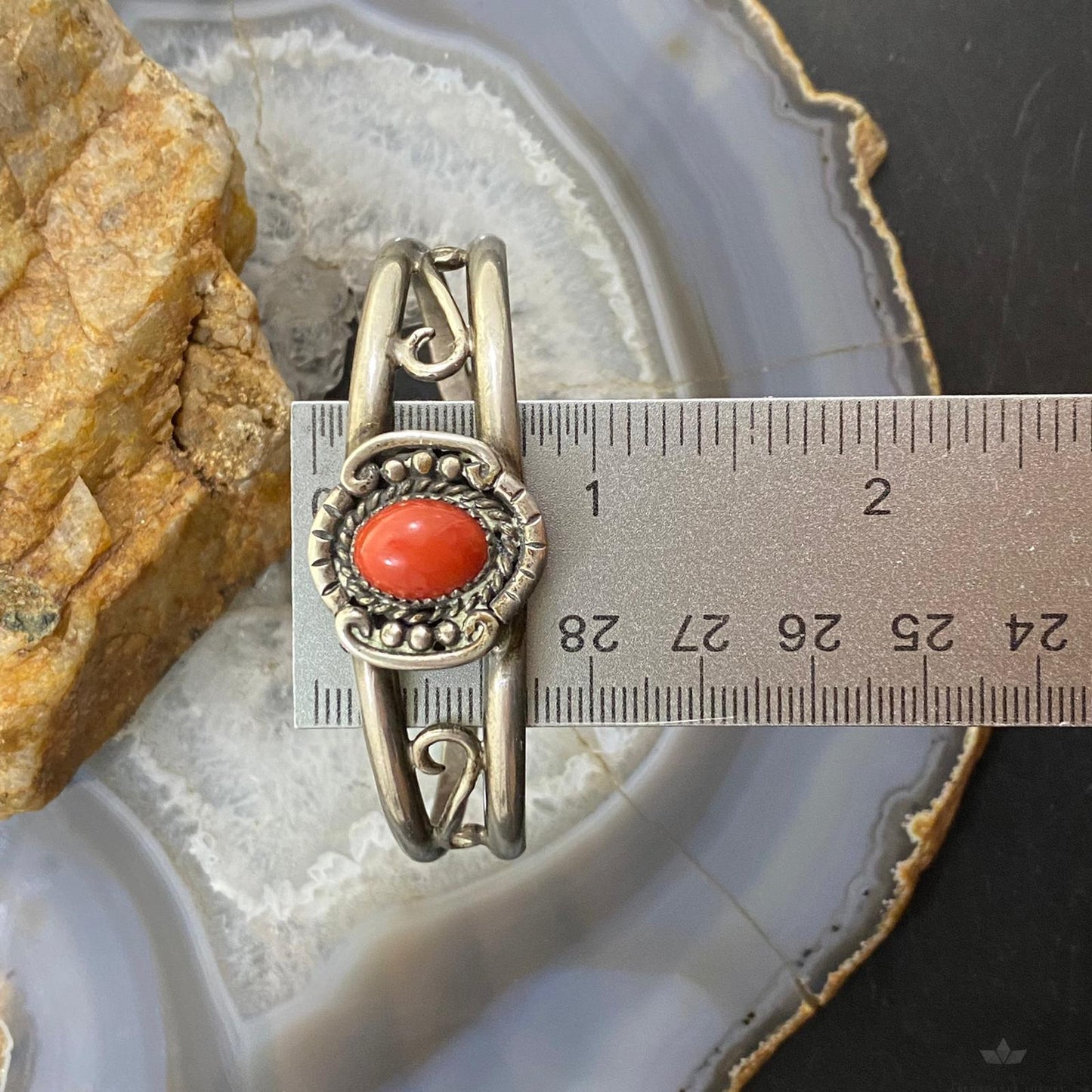 Vintage Native American Silver Oval Coral Decorated Bracelet For Women