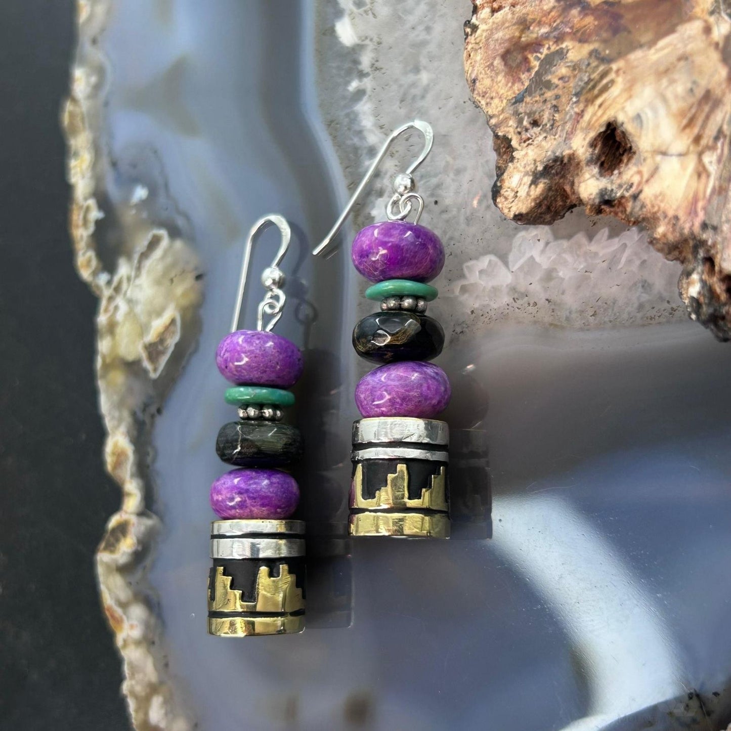 Tommy & Rosita Singer Sterling Silver Charoite & Onyx Bead Dangle Earrings For Women