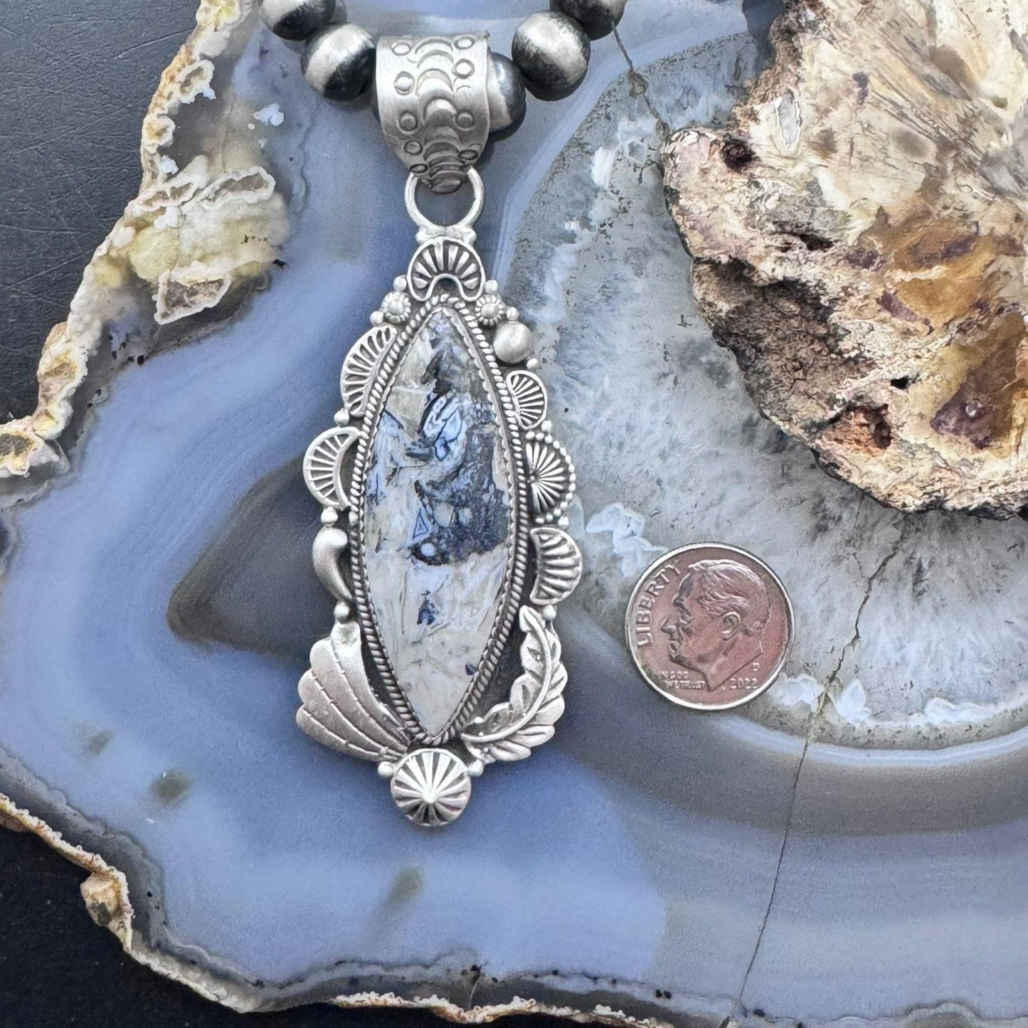 Sterling Silver Southwestern Style Elongated Marquise Dendritic Agate Decorated Pendant For Women