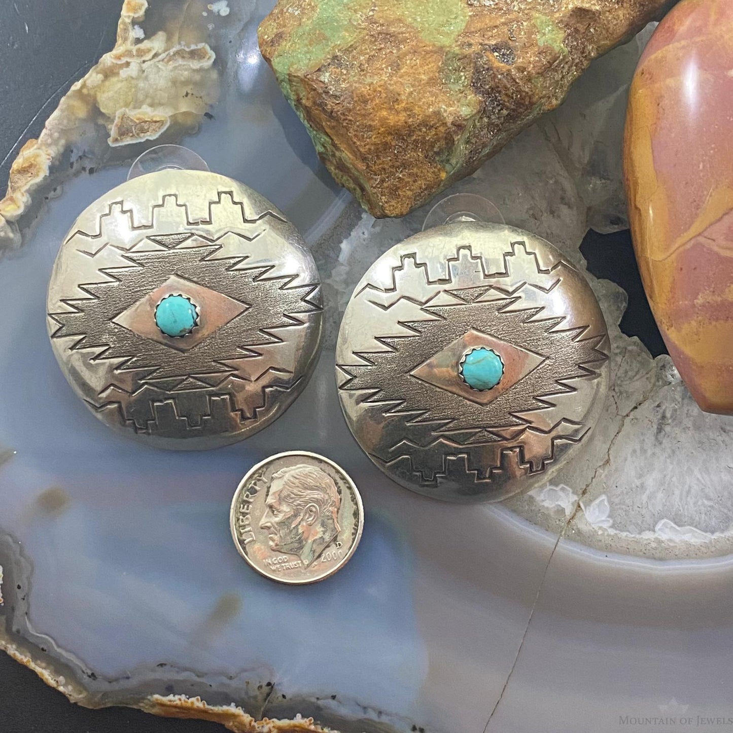 Vintage Native American Sterling Stamped Round Turquoise Stud Earrings For Women