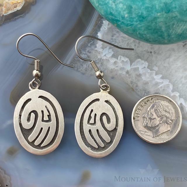 Native American Silver Oval Hand Symbol Dangle Earrings For Women