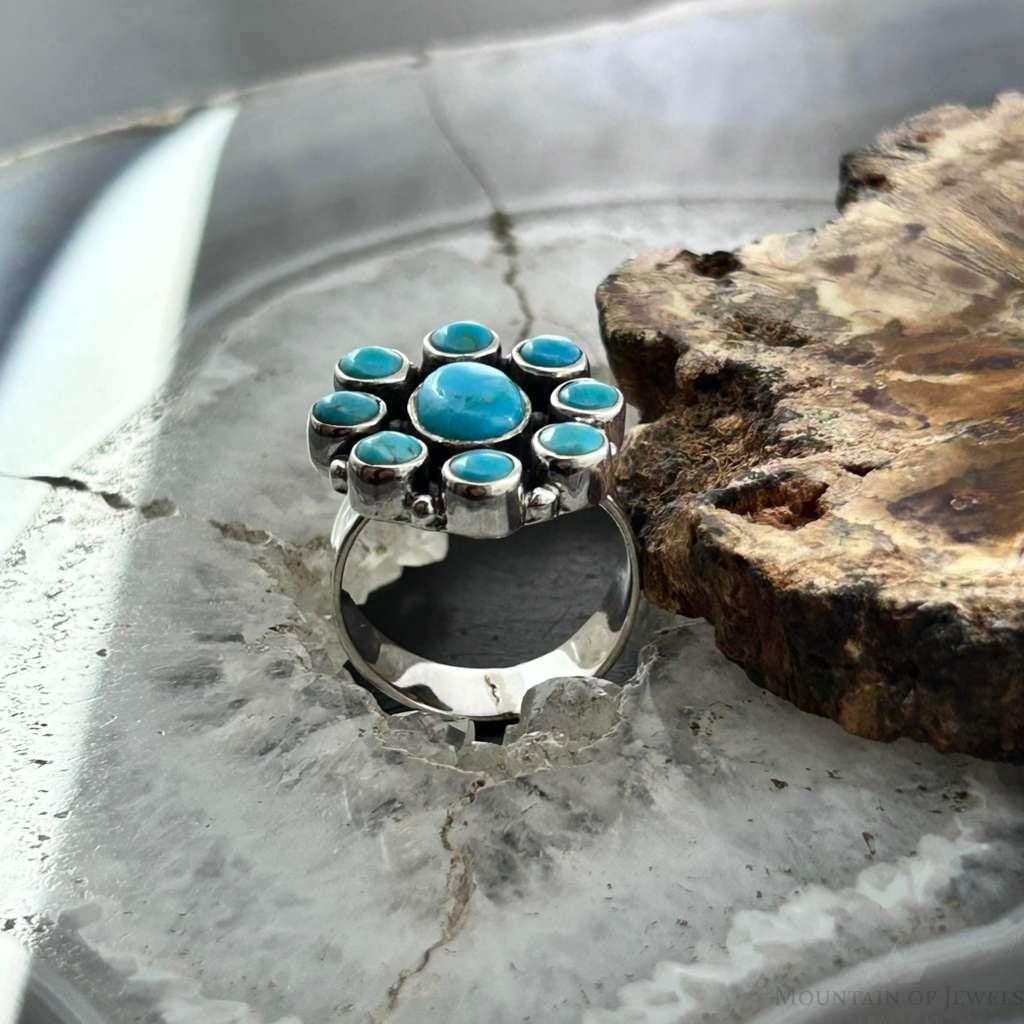 Sterling Silver Southwestern Style Mohave Turquoise Cluster Ring Size 7 For Women