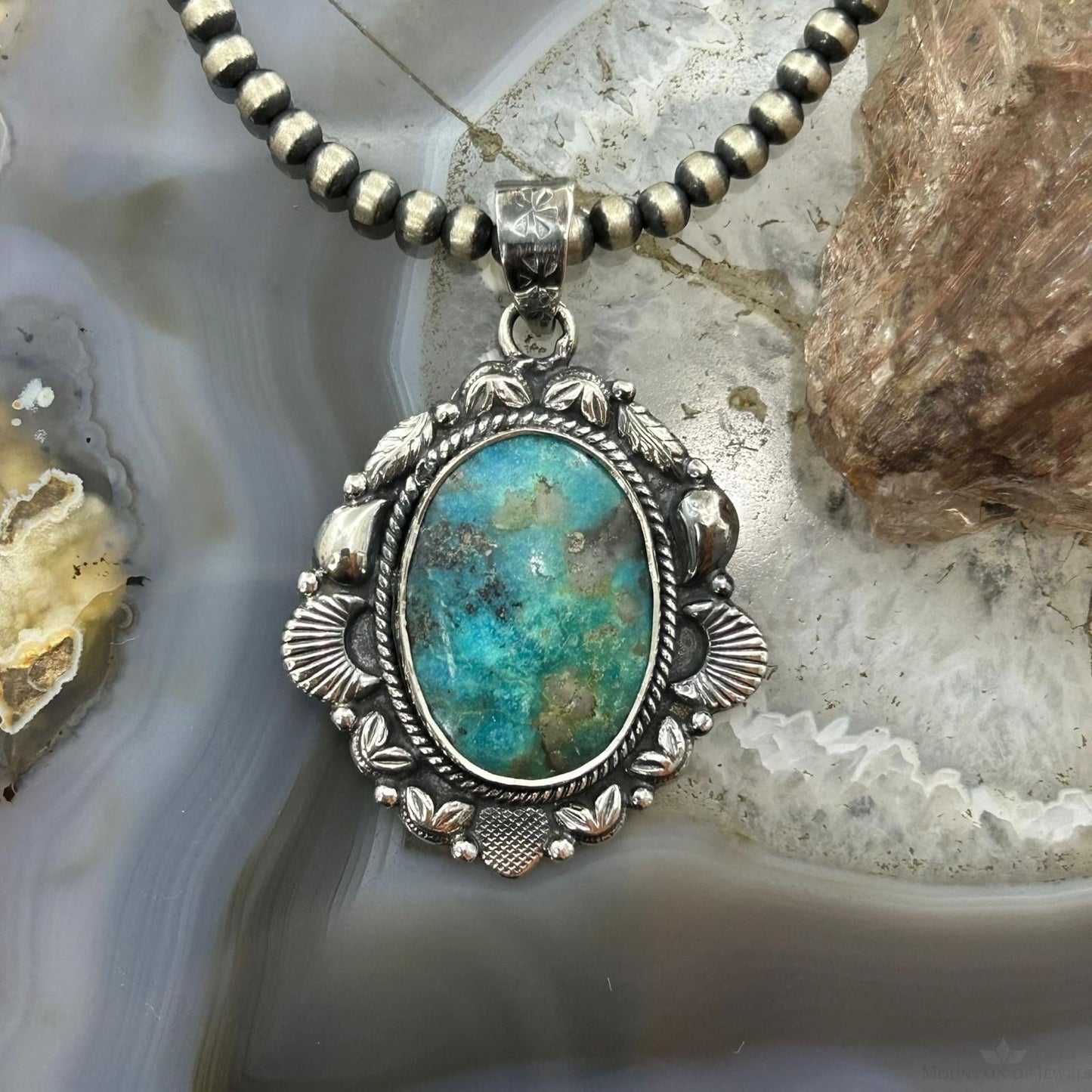 Sterling Silver Southwestern Style Oval Turquoise Decorated Pendant For Women #7