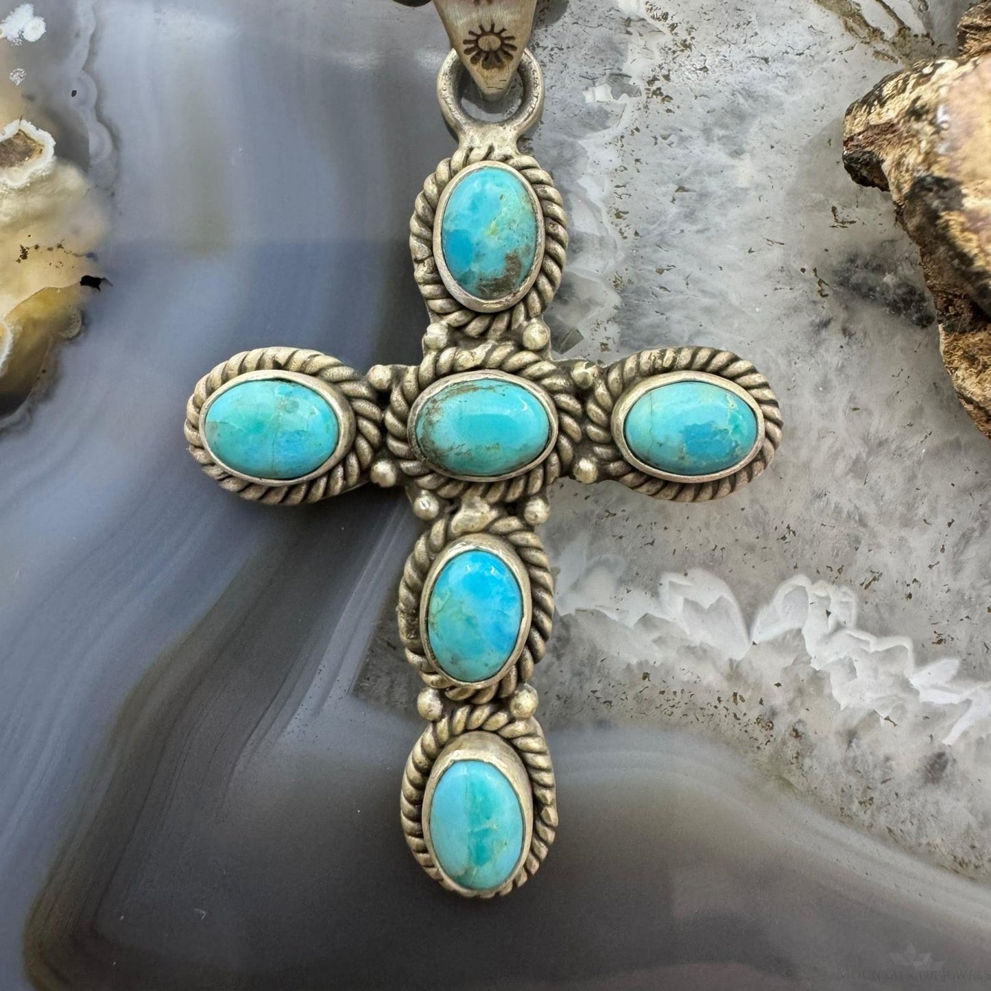 Sterling Silver Southwestern Style 6 Oval Turquoise Decorated Unisex Cross Pendant