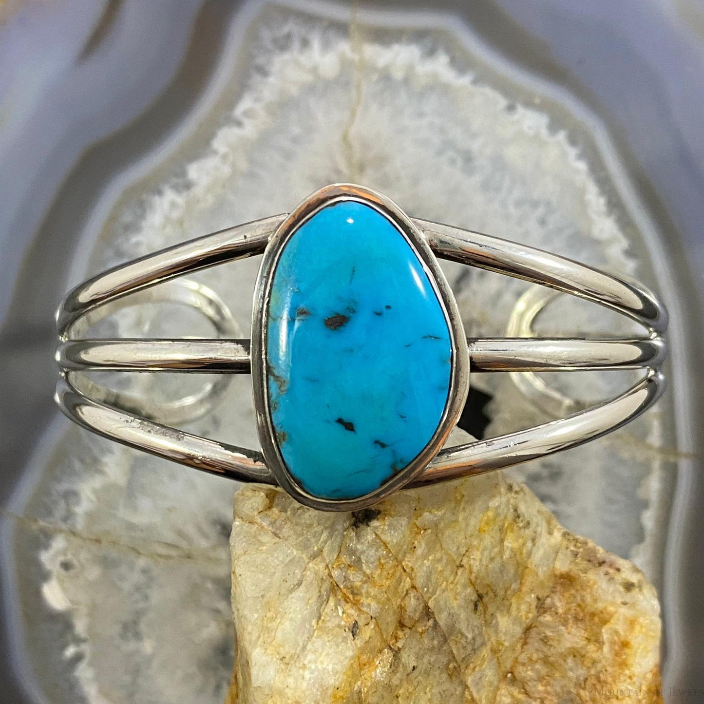 Vintage Signed Native American Sterling Silver Turquoise Split Shank Bracelet For Women