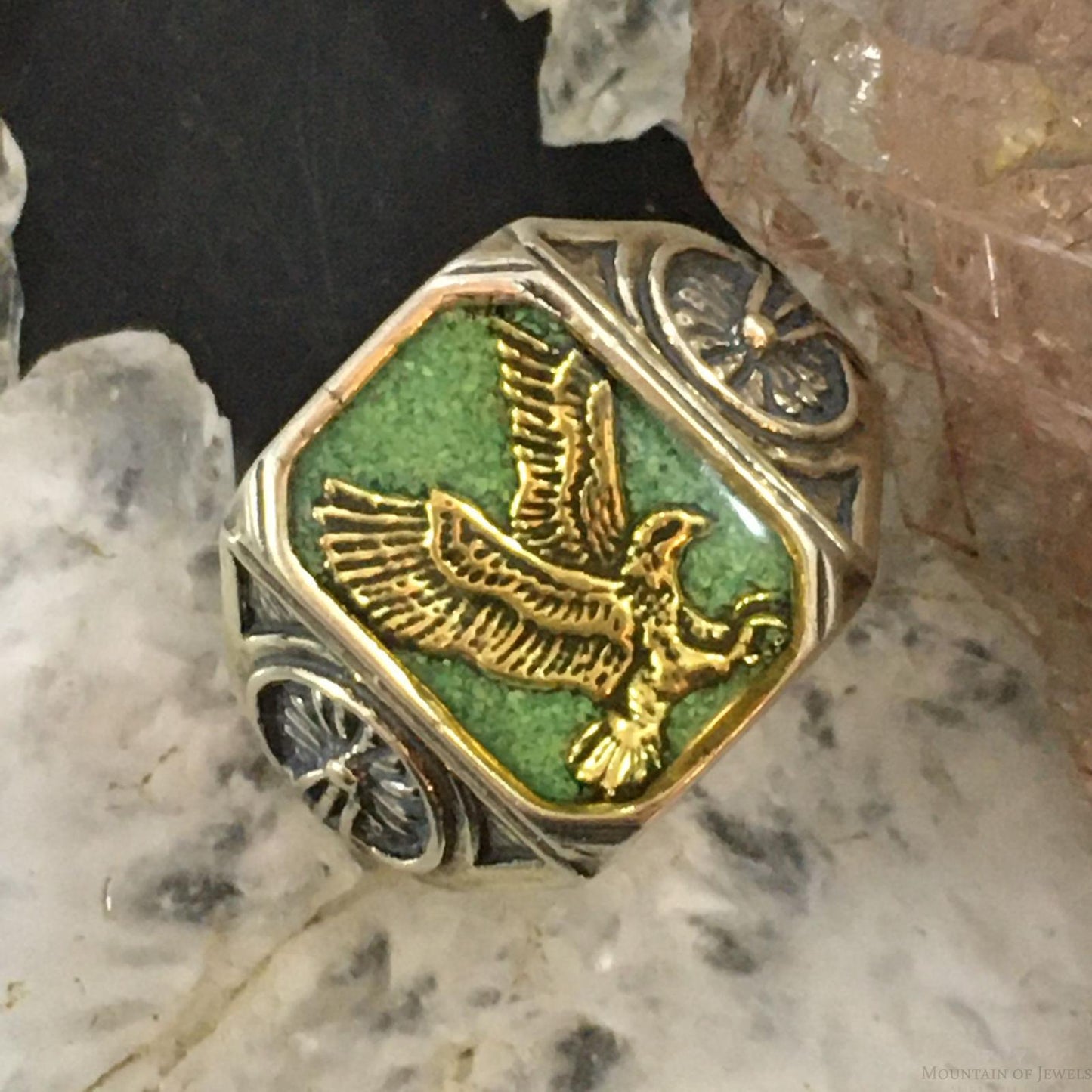 Carolyn Pollack Southwestern Style Sterling Silver Green Turquoise Chip Inlay Eagle Ring For Men