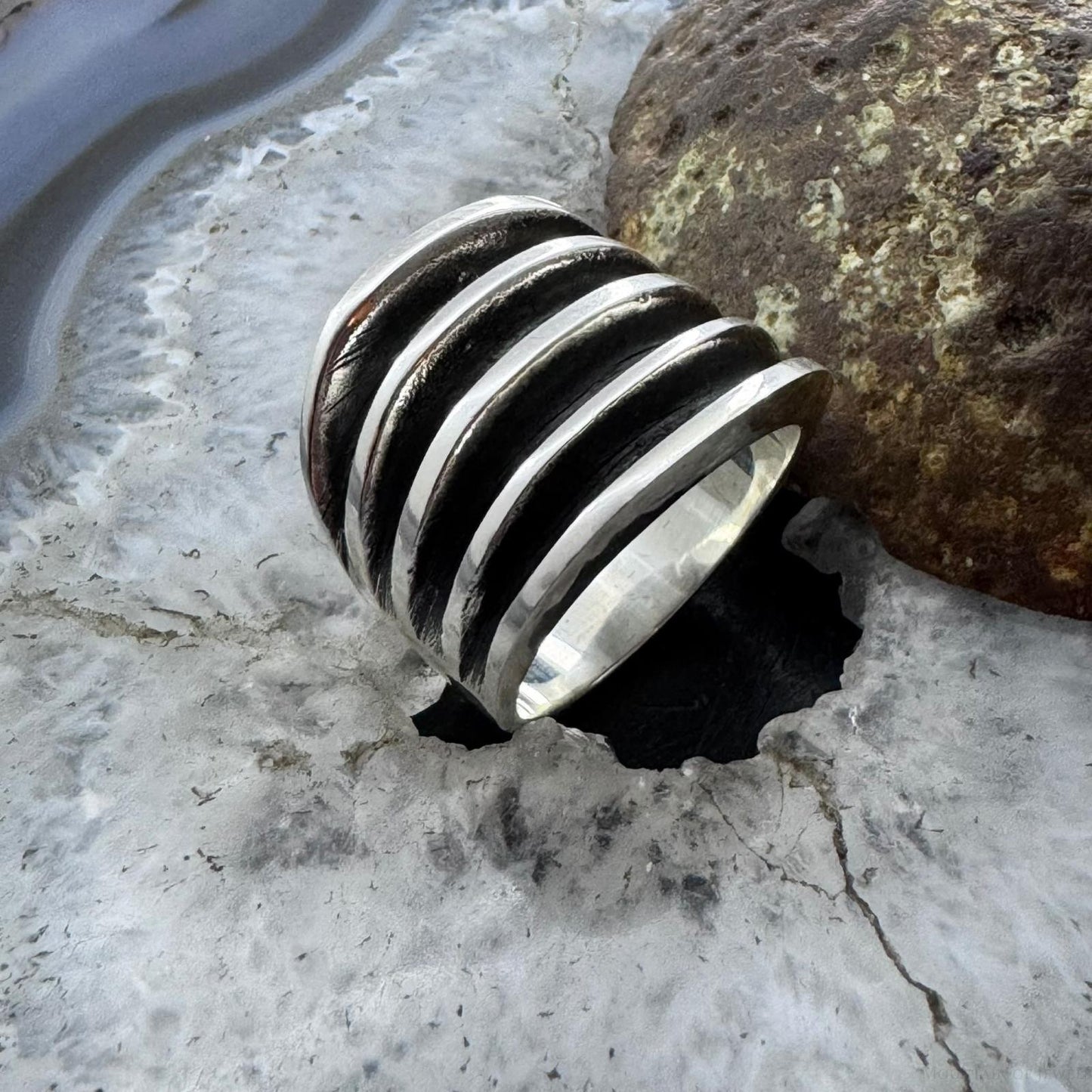 Sterling Silver Five Row Carved Solid Fashion Unisex Ring, Taxco Mexico