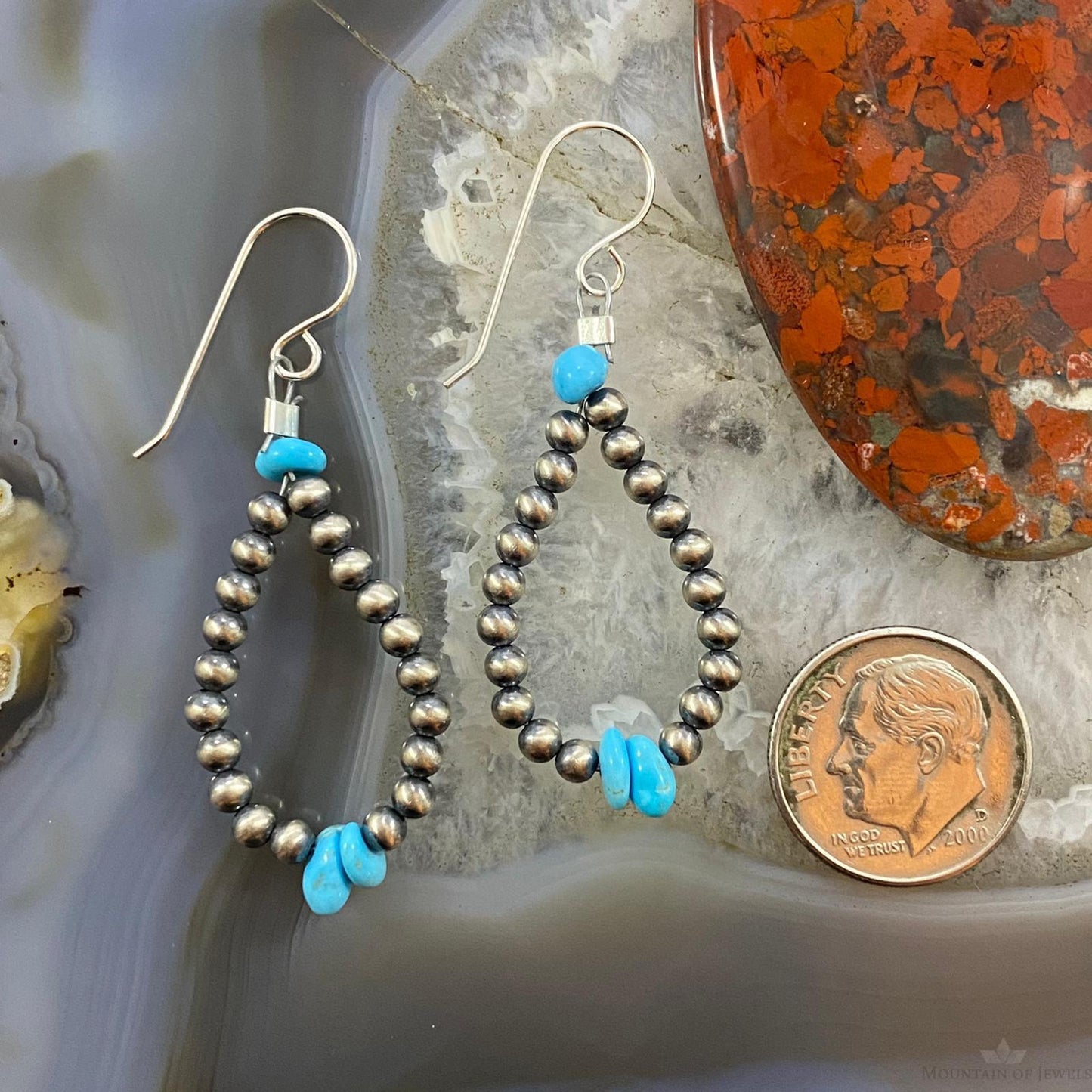 Navajo Pearl Beads 3mm & Turquoise Sterling Silver Teardrop Hoop Earrings