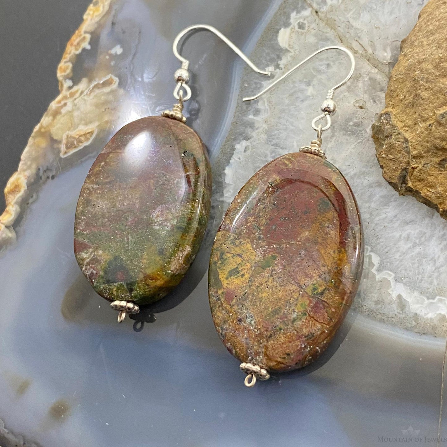 Sterling Silver Oval Bloodstone Agate Slab Dangle Earrings For Women #104