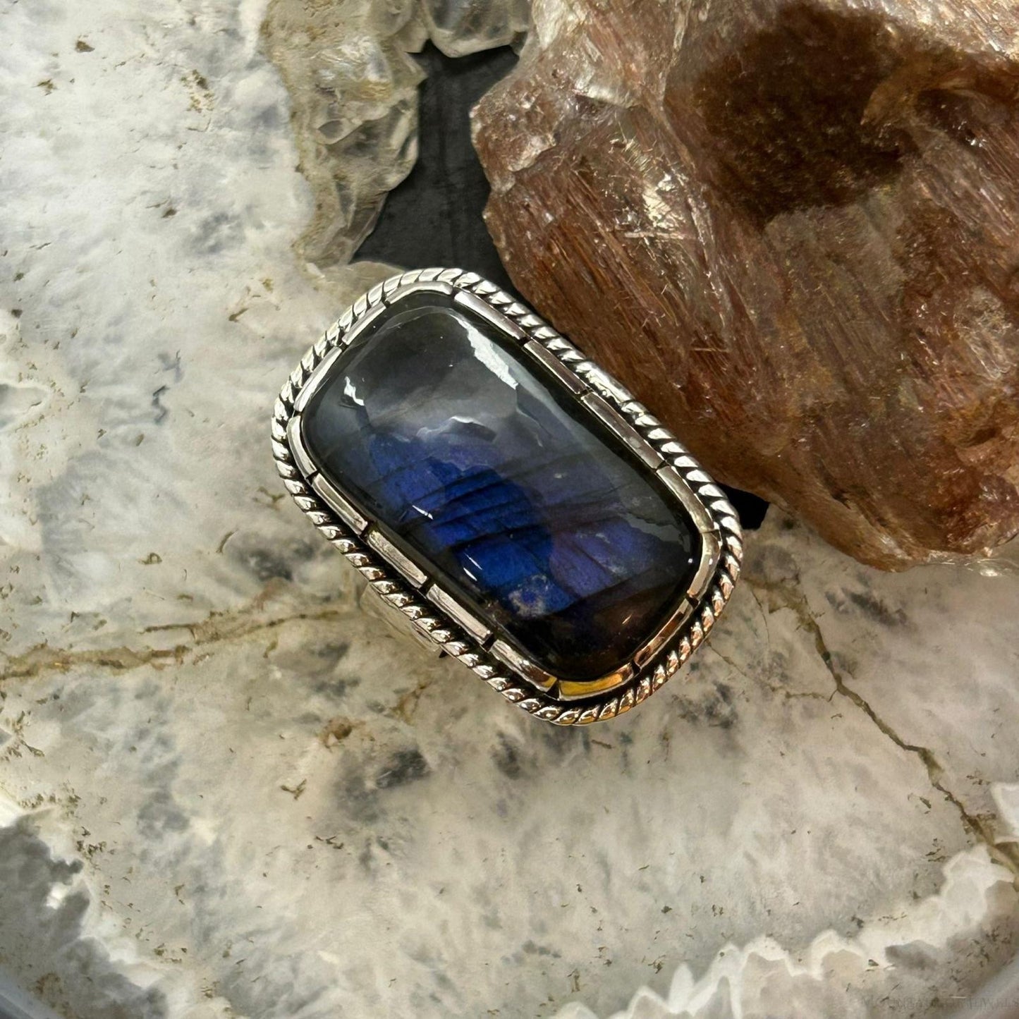 Sterling Silver Southwestern Style Rectangle Labradorite Ring Size 8 For Women