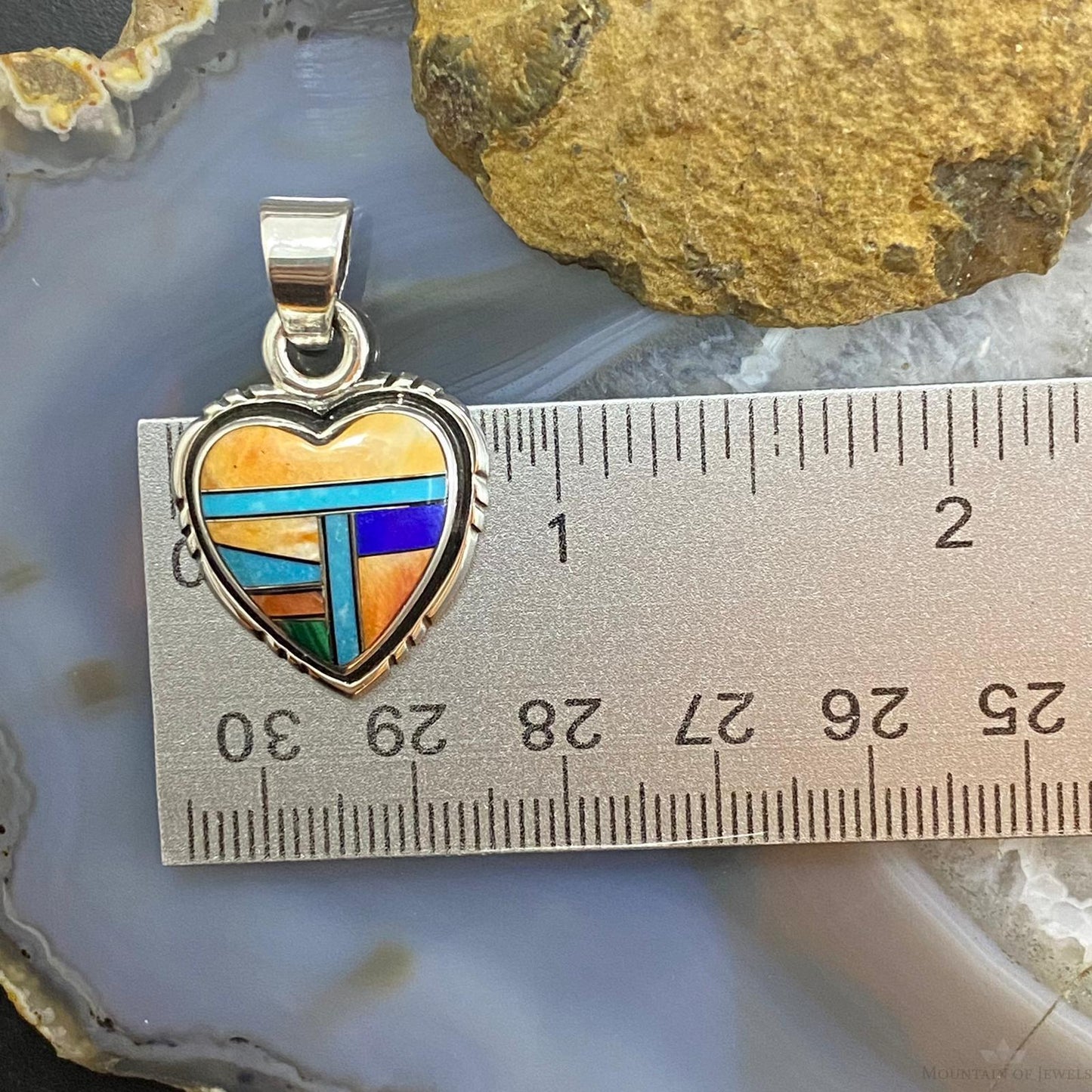 Native American Sterling Silver Heart Shape Multi Stone Inlay Pendant For Women