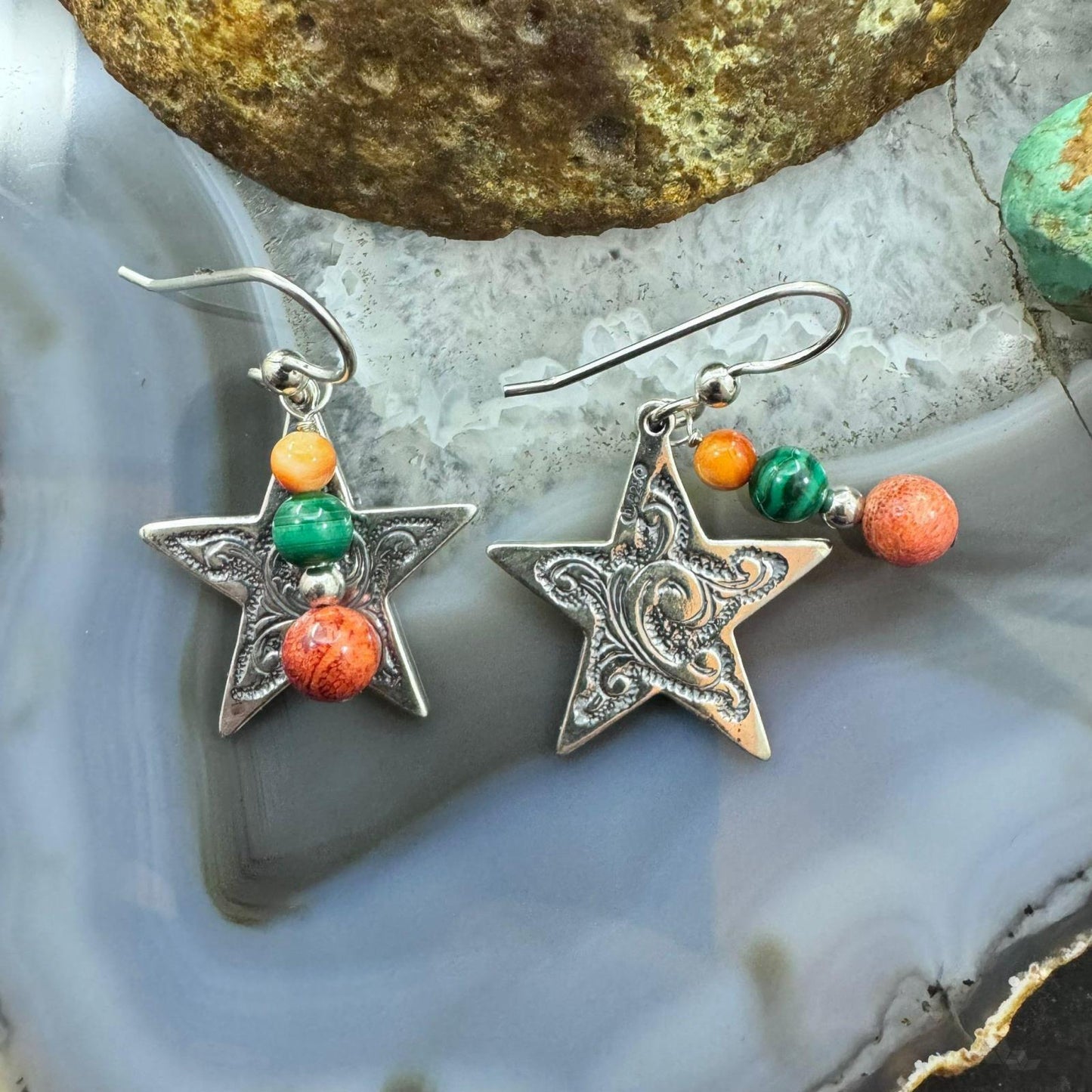 Carolyn Pollack Sterling Silver Star With Multistone Beads Dangle Earrings For Women