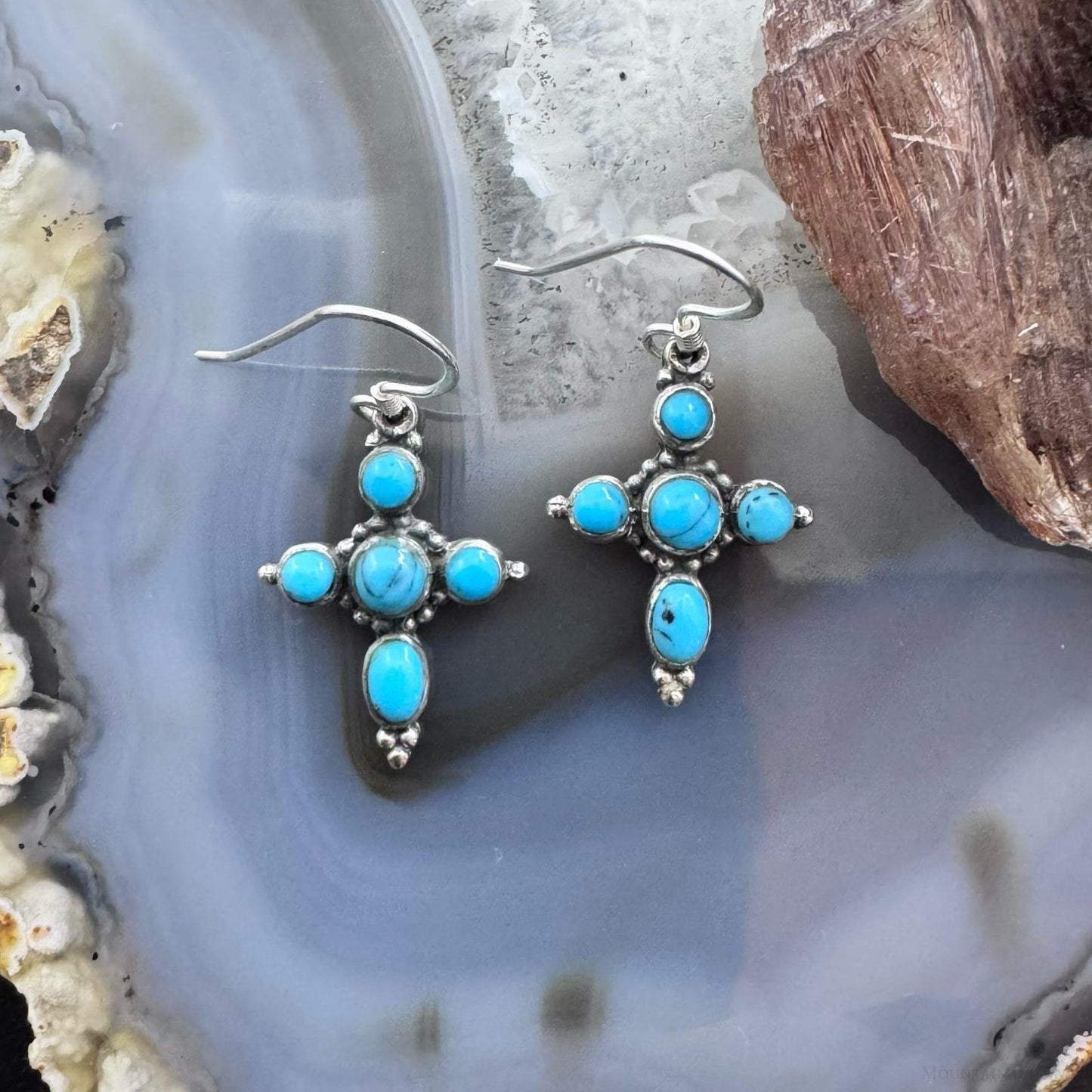 Sterling Silver Southwestern Style Turquoise Cross Dangle Earrings For Women