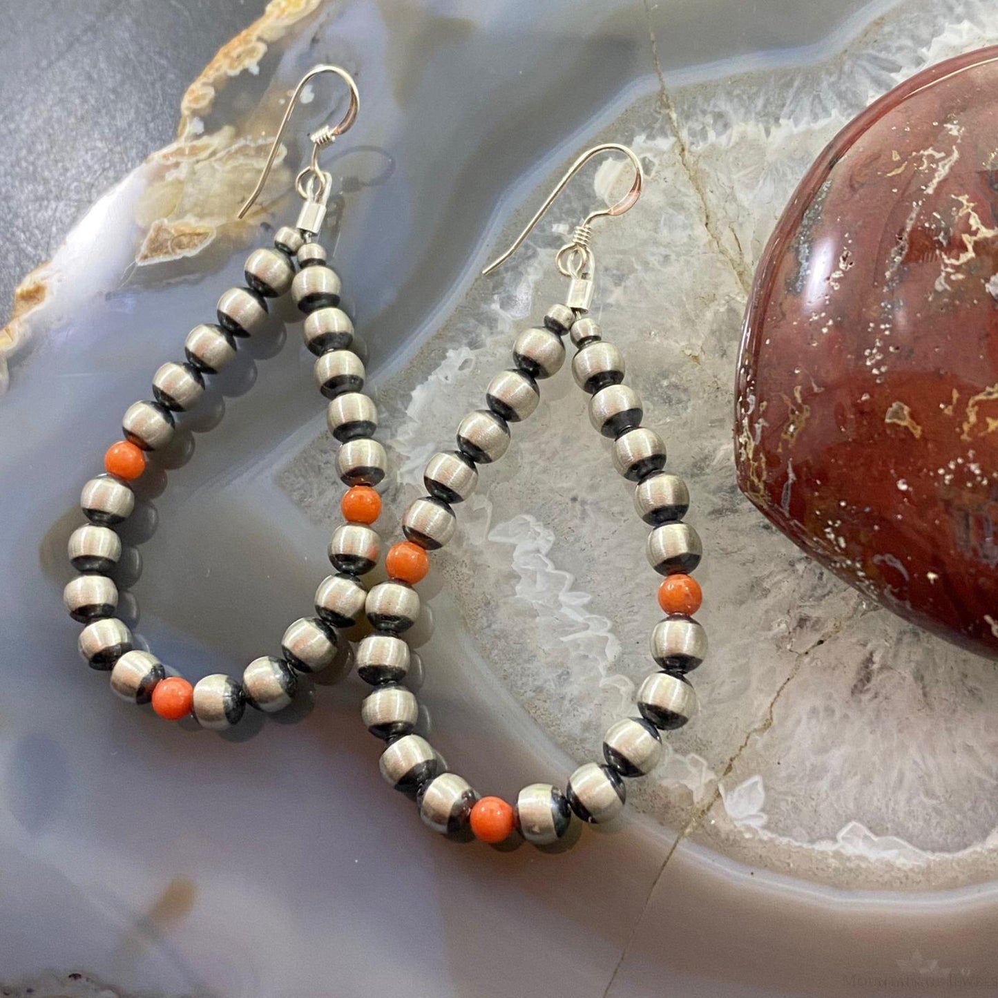 Navajo Pearl Beads and Spiny Oyster 5mm Sterling Silver Hoop Dangle Earrings