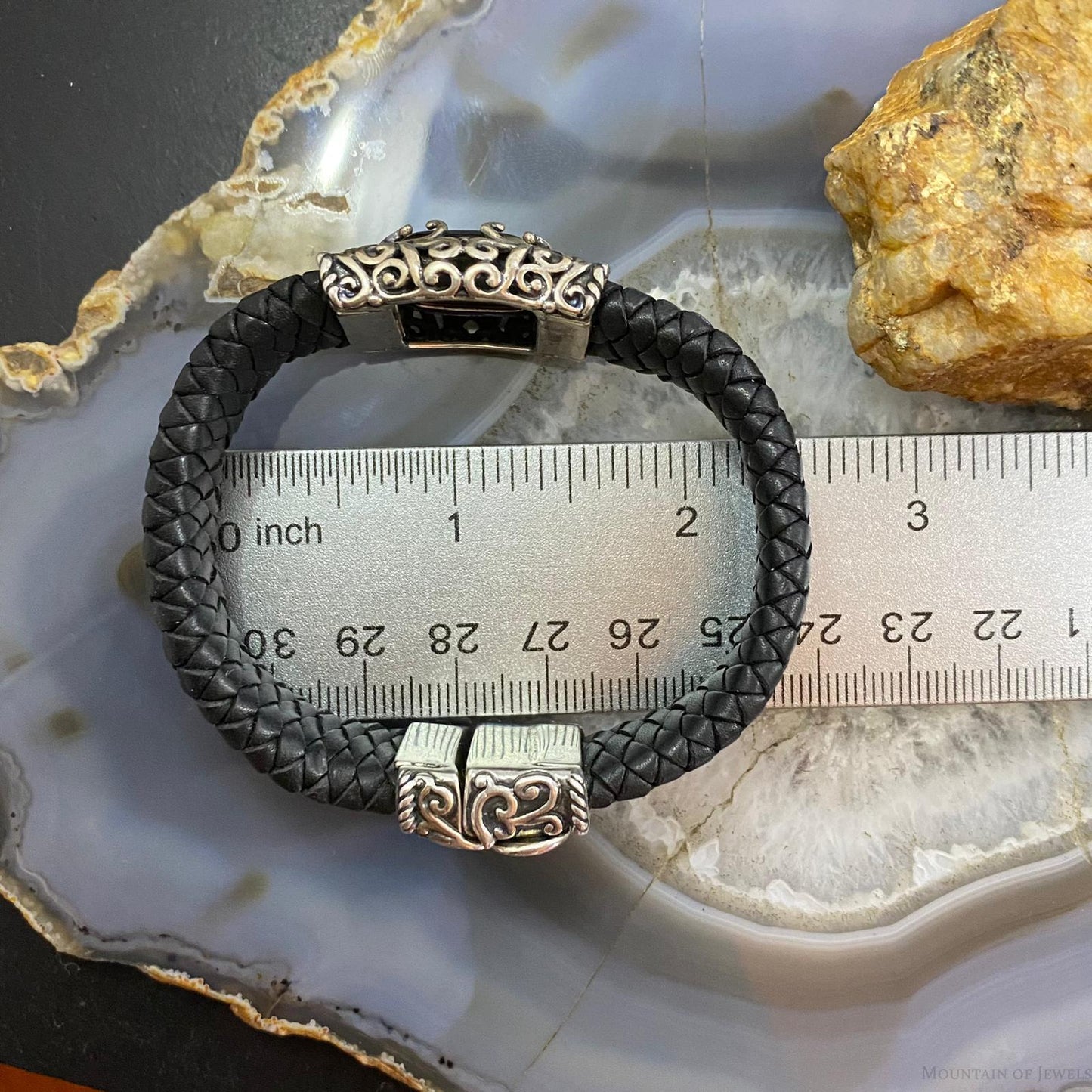 Carolyn Pollack Sterling Silver Gray Mother of Pearl Doublet Braided Leather Bracelet For Women