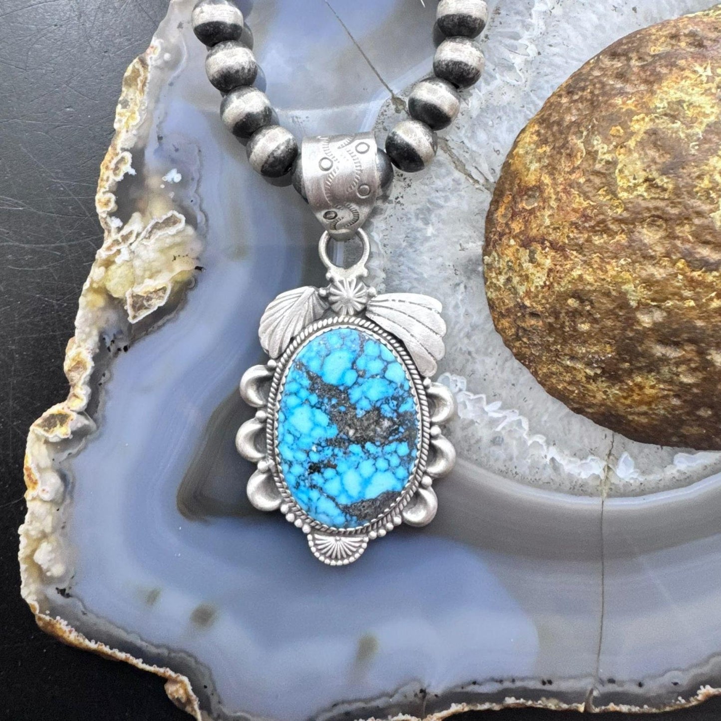 Sterling Silver Southwestern Style Large Oval Kingman Turquoise Pendant For Women