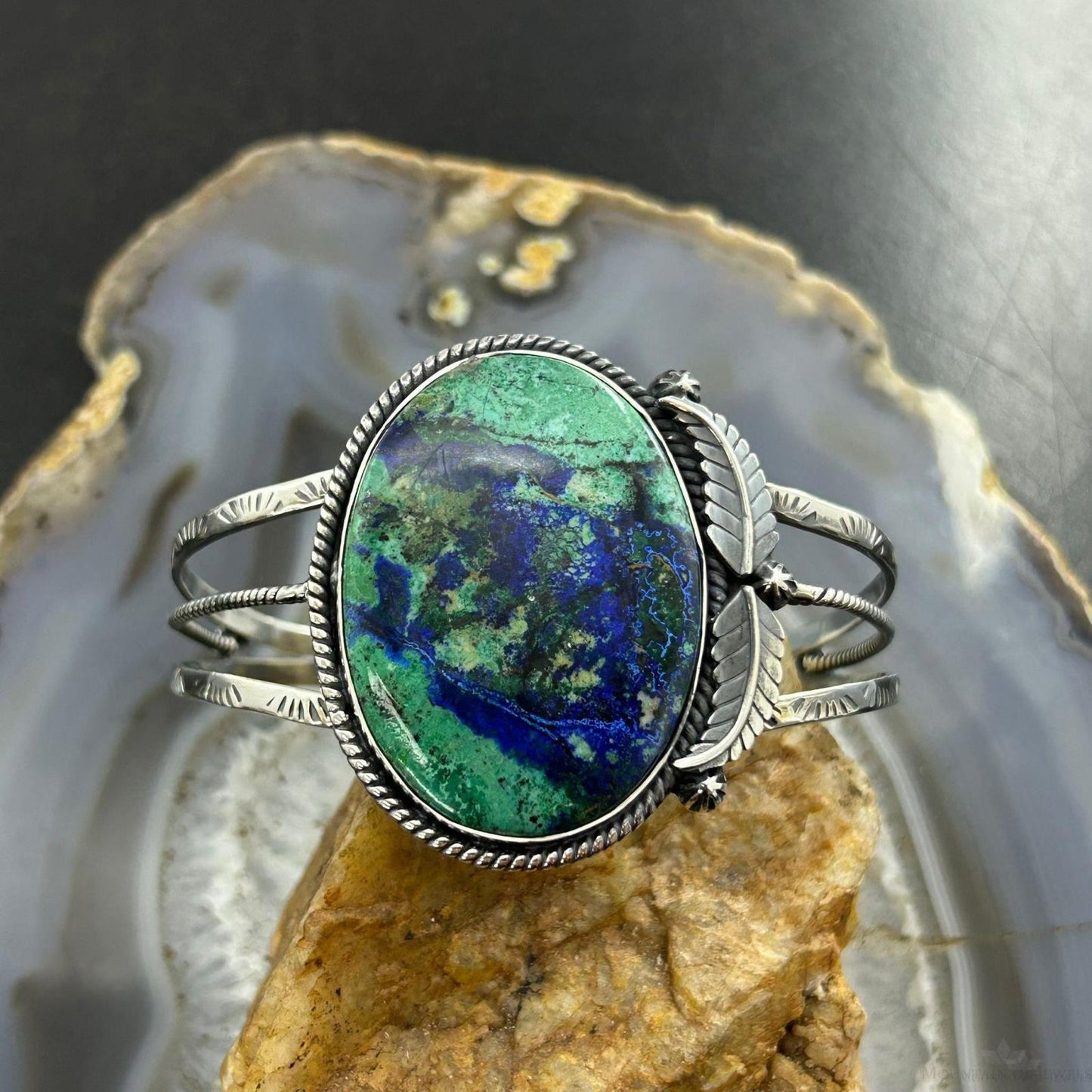 Sterling Silver Southwestern Style Oval Azurite Decorated Bracelet For Women