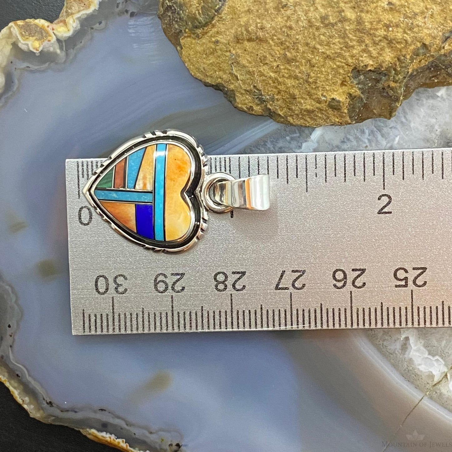 Native American Sterling Silver Heart Shape Multi Stone Inlay Pendant For Women
