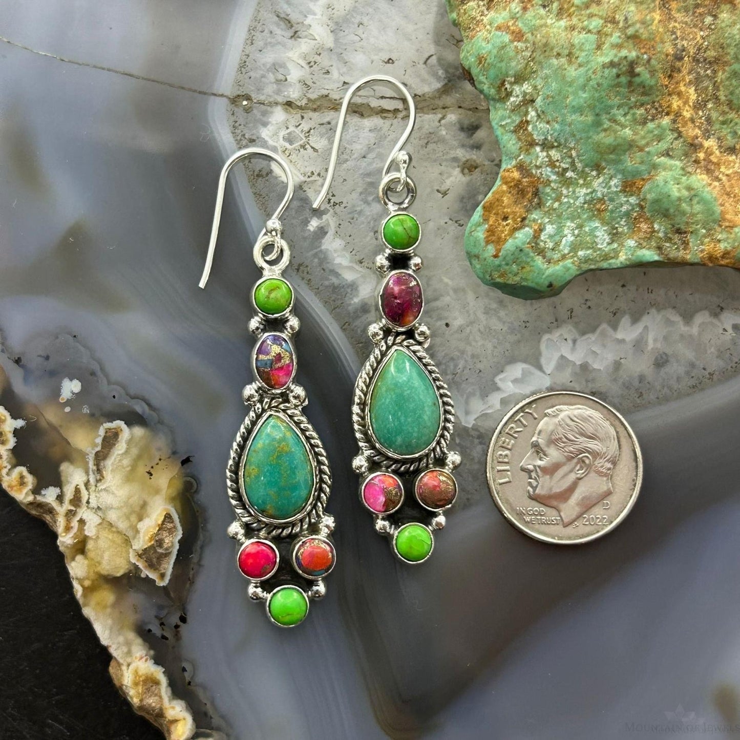 Sterling Silver Southwestern Style Multistone Dangle Earrings For Women
