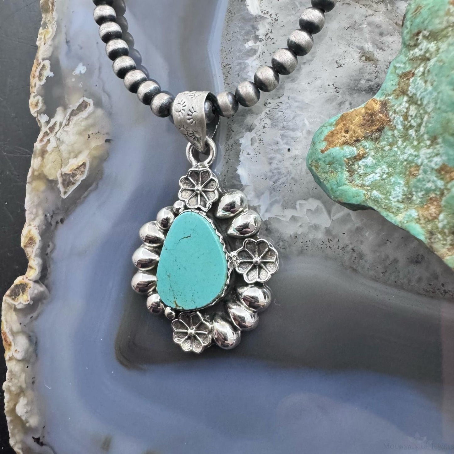 Sterling Silver Southwestern Style Teardrop Turquoise Decorated Pendant For Women