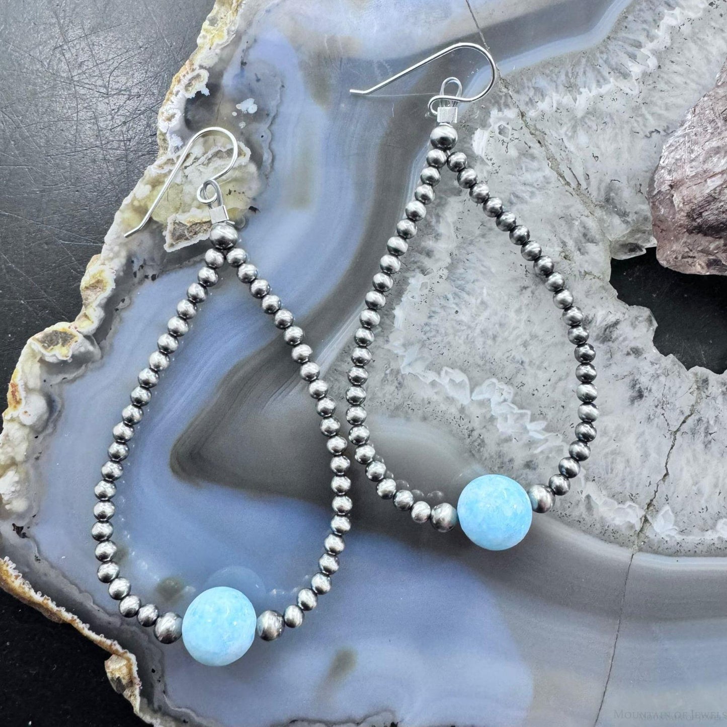 Native American Sterling Silver Navajo Beads with Larimar Bead Hoop Earrings For Women