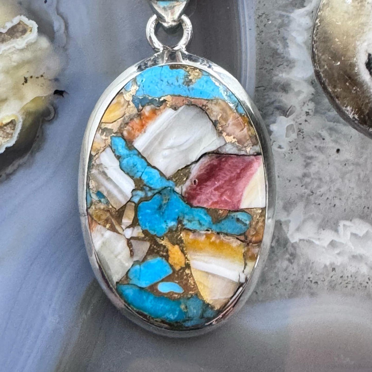 Sterling Southwestern Style Copper Turquoise Spiny Oyster Pendant For Women