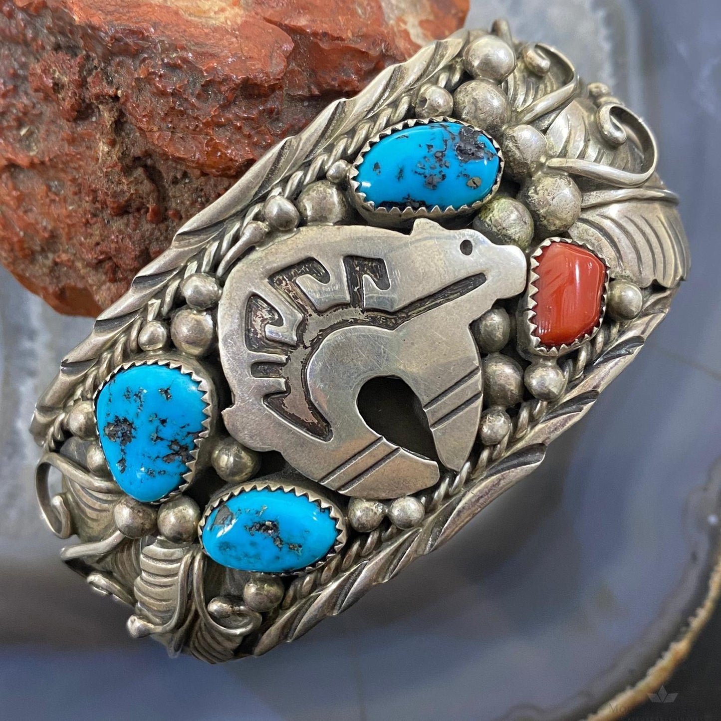 Native American Sterling Silver Turquoise & Coral Leaf Decorated Bracelet For Men