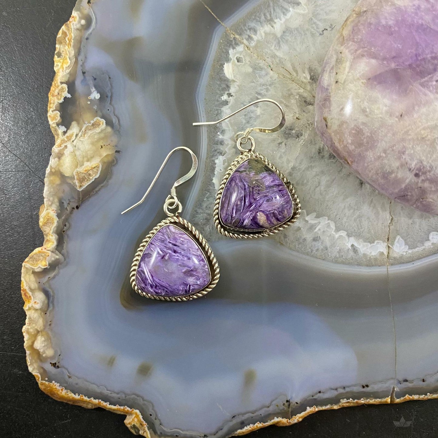 Native American Sterling Silver Triangle Charoite Dangle Earrings For Women