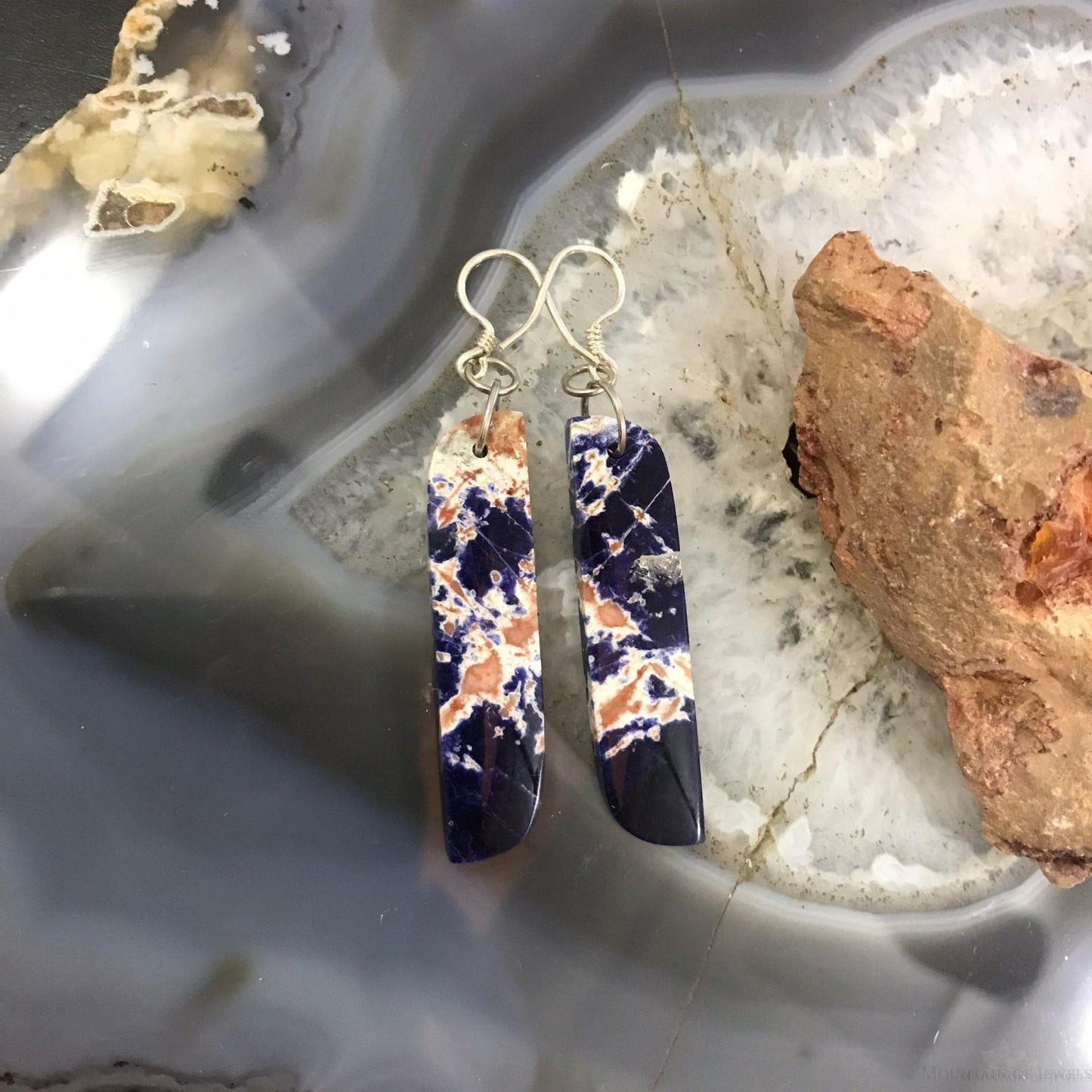 Sterling Silver Elongated Tilde Shape Blue Sodalite Slab Dangle Earrings For Women #217