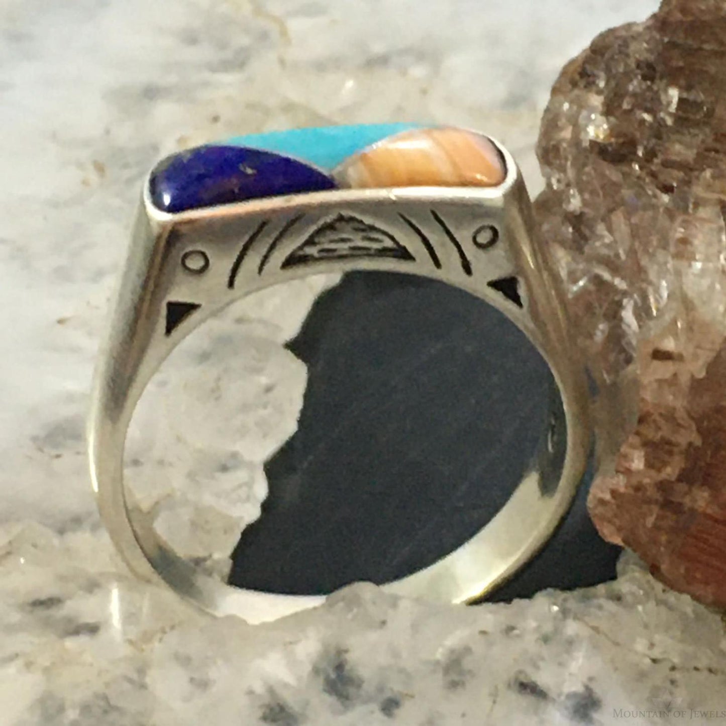 Carolyn Pollack Southwestern Style Sterling Silver Rectangle Multi-gemstone Inlay Ring For Women