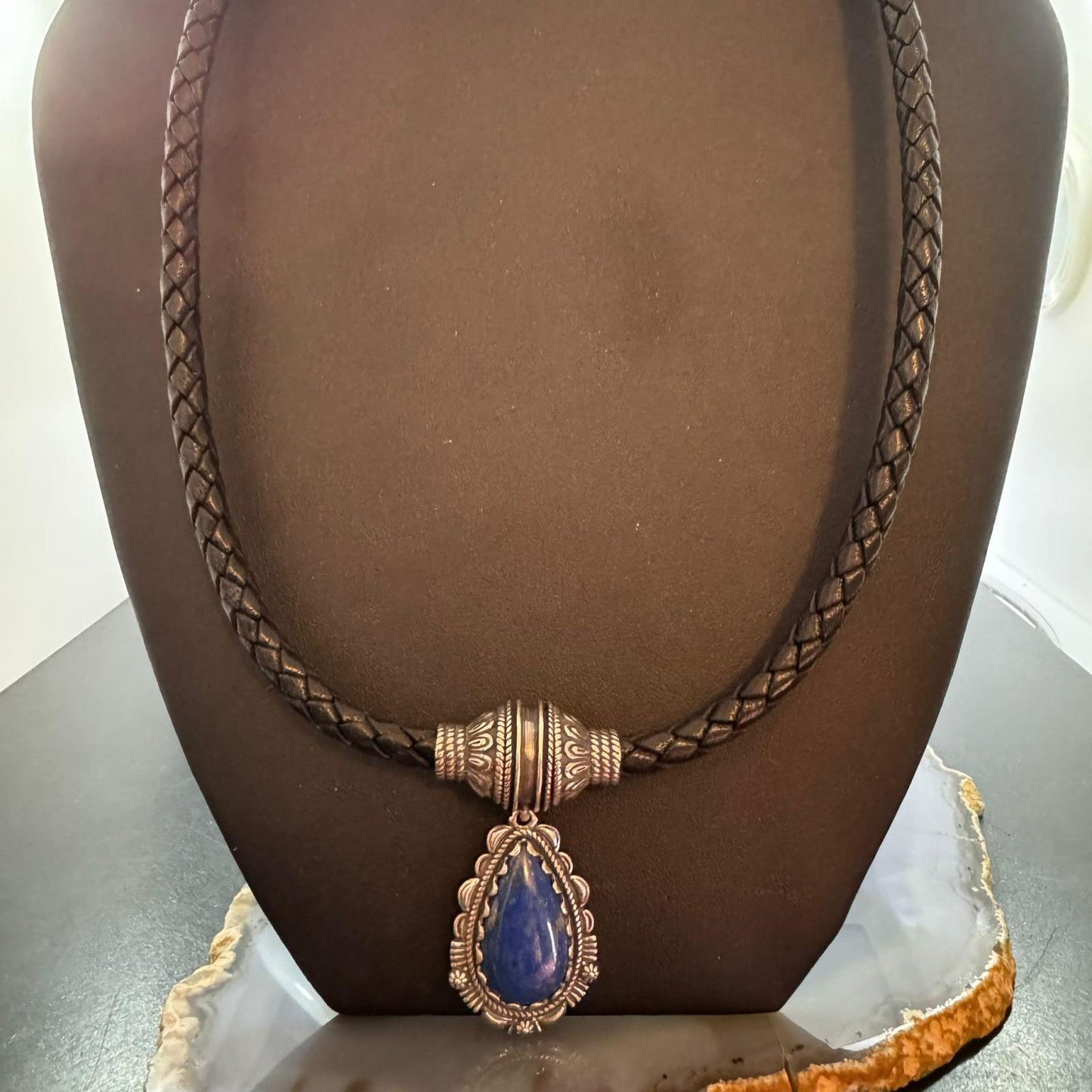 Carolyn Pollack Black Braided Leather Necklace with Teardrop Denim Lapis Pendant