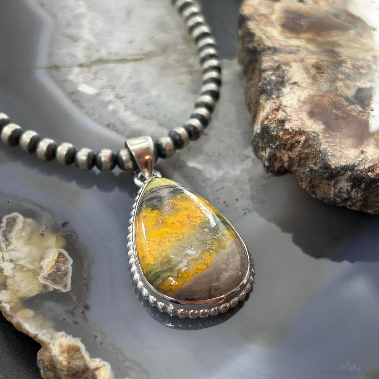Sterling Silver Southwestern Style Teardrop Yellow Jasper Pendant For Women