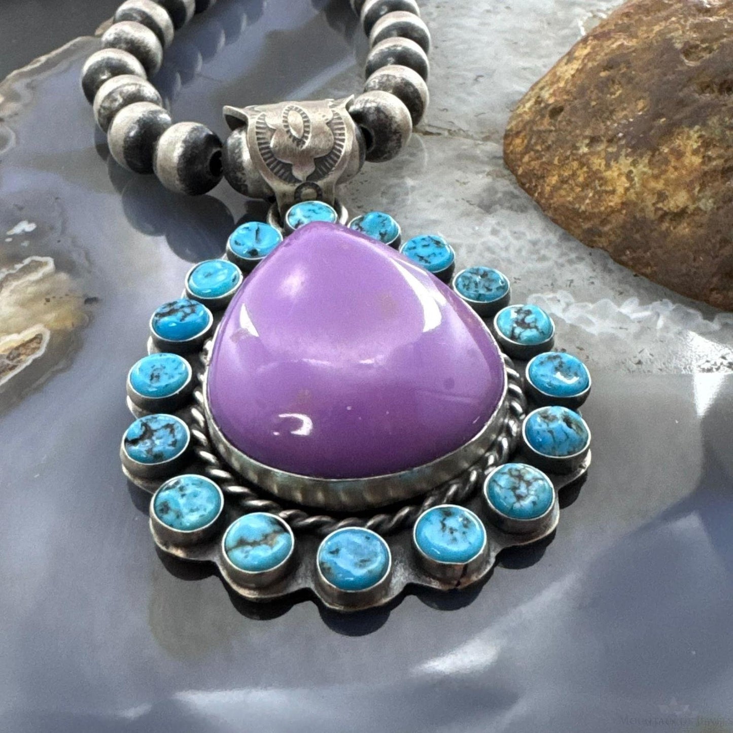 Native American Sterling Silver Purple Phosphosiderite & Turquoise Pendant For Women