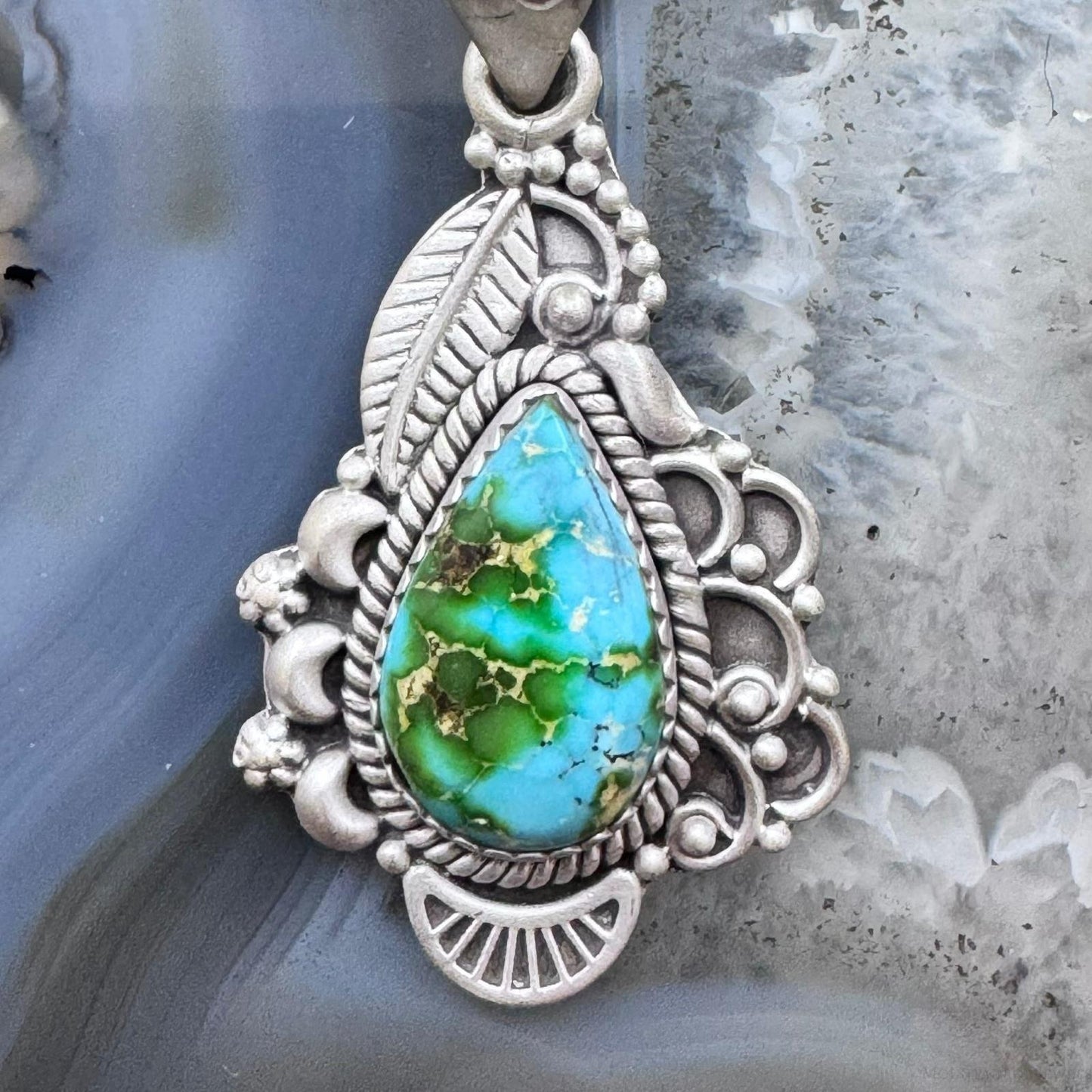 Sterling Silver Southwestern Style Teardrop Sonora Gold Turquoise Decorated Pendant For Women