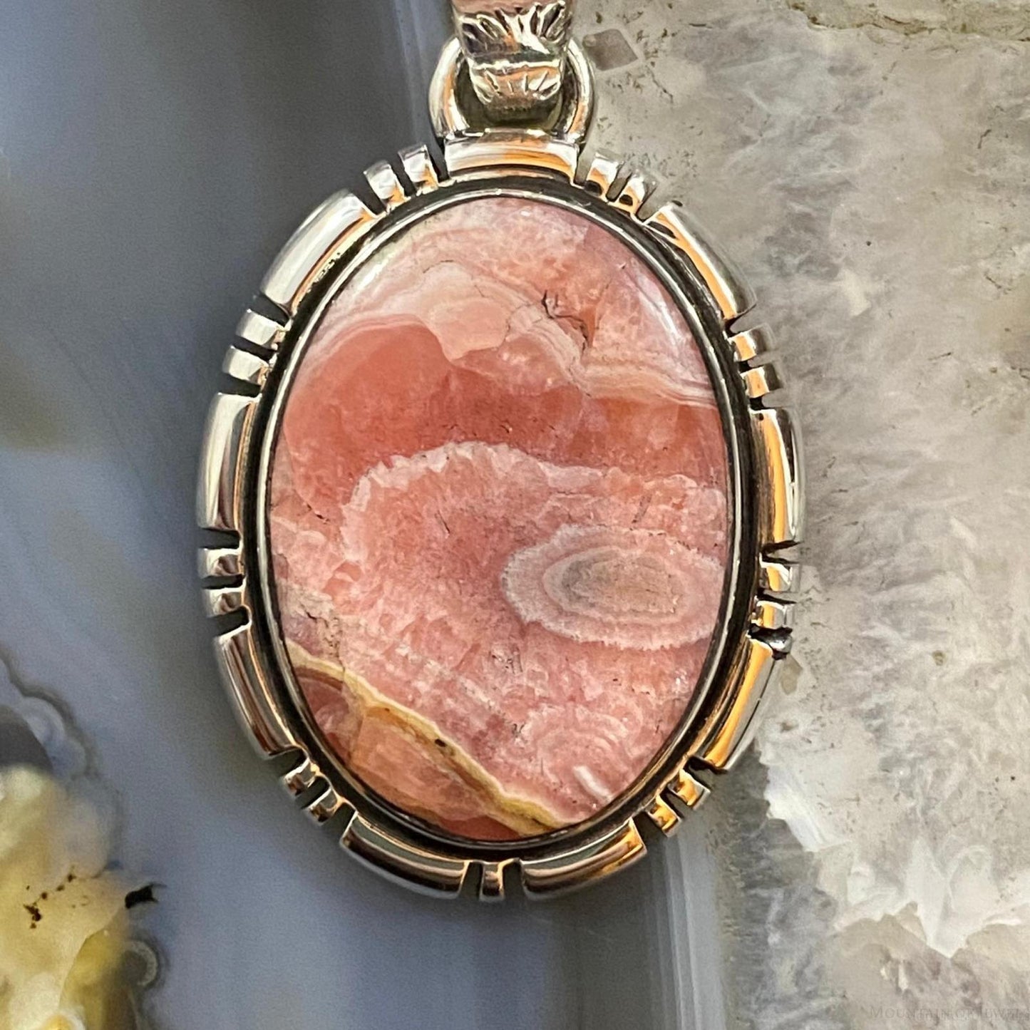 Native American Sterling Silver Oval Rhodochrosite Pendant For Women