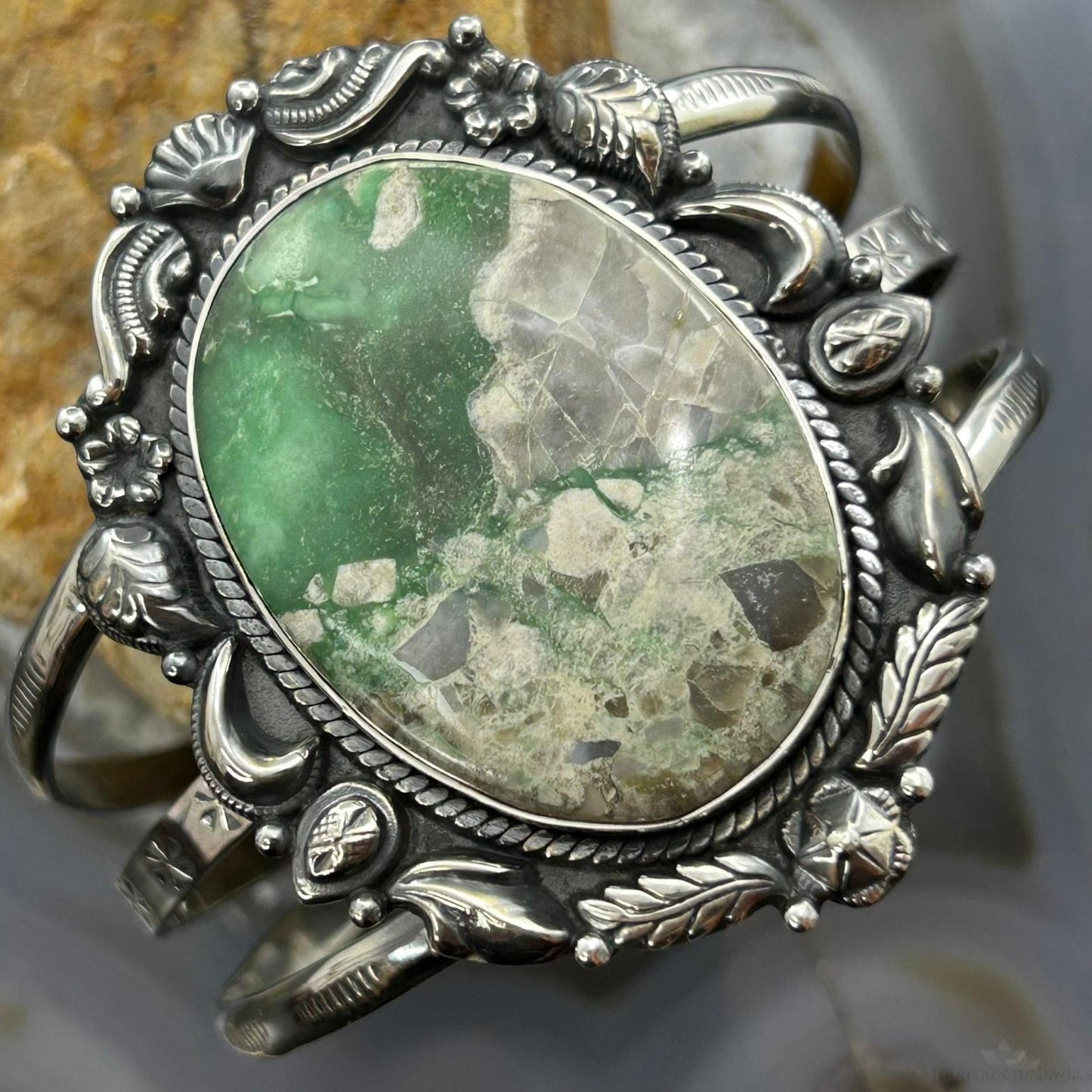 Sterling Silver Southwestern Style Large Oval Variscite Decorated Bracelet For Women