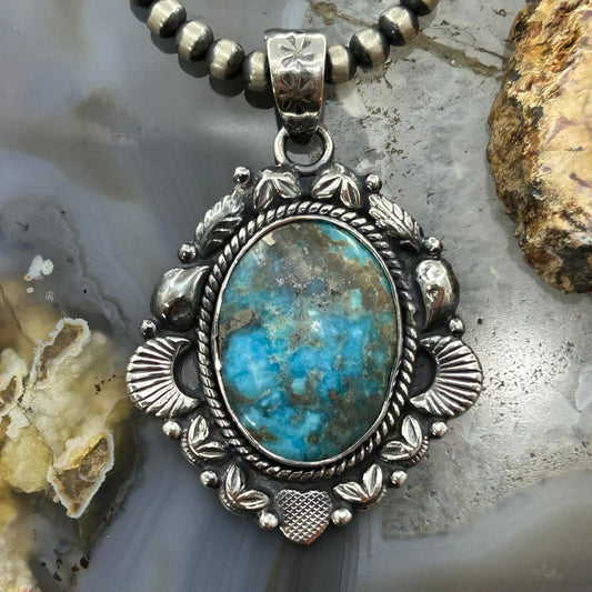 Sterling Silver Southwestern Style Oval Turquoise Decorated Pendant For Women #1